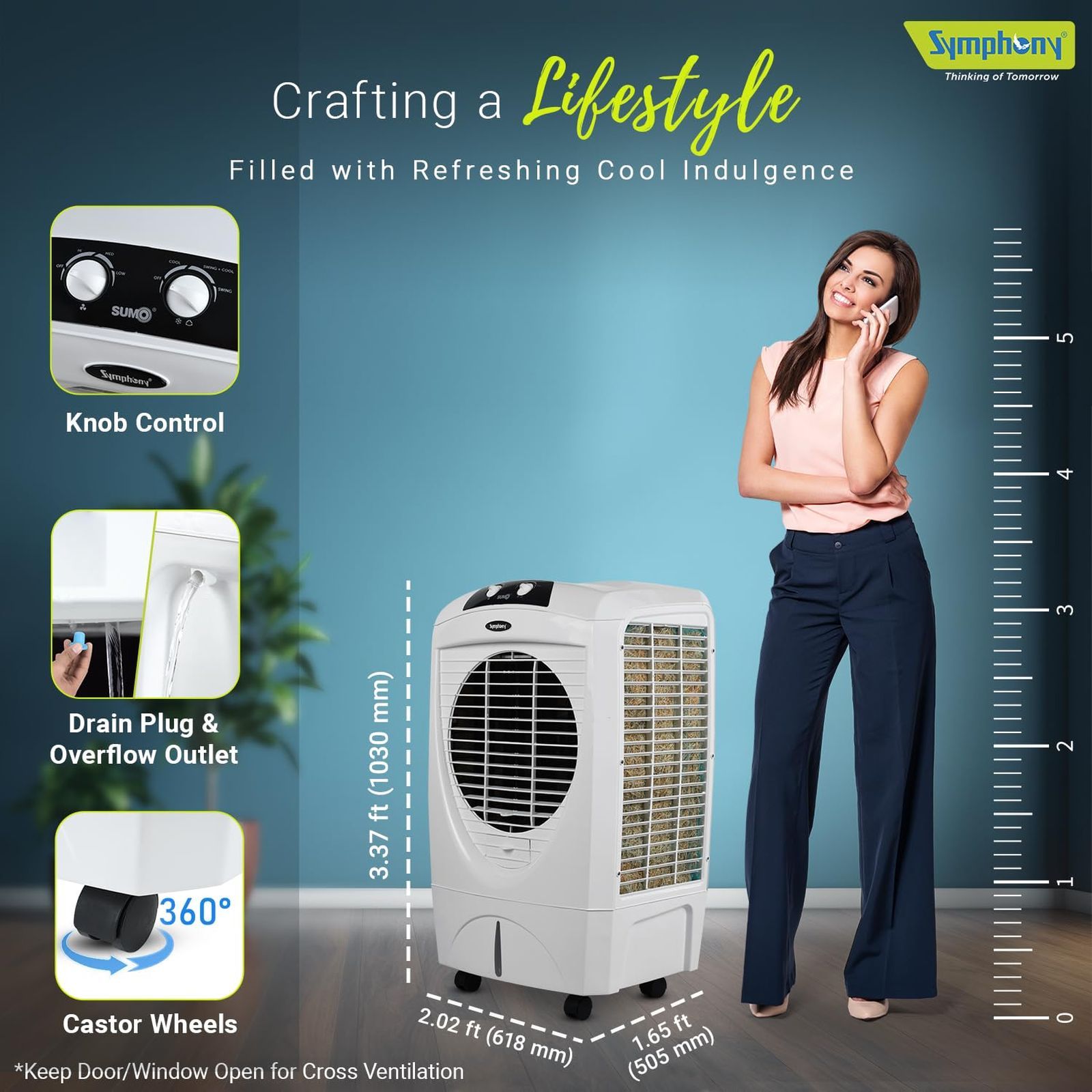 Symphony Sumo 45 Litres Desert Air Cooler with 360 Degree Castor Wheels (Cool Flow Dispenser, White)_6