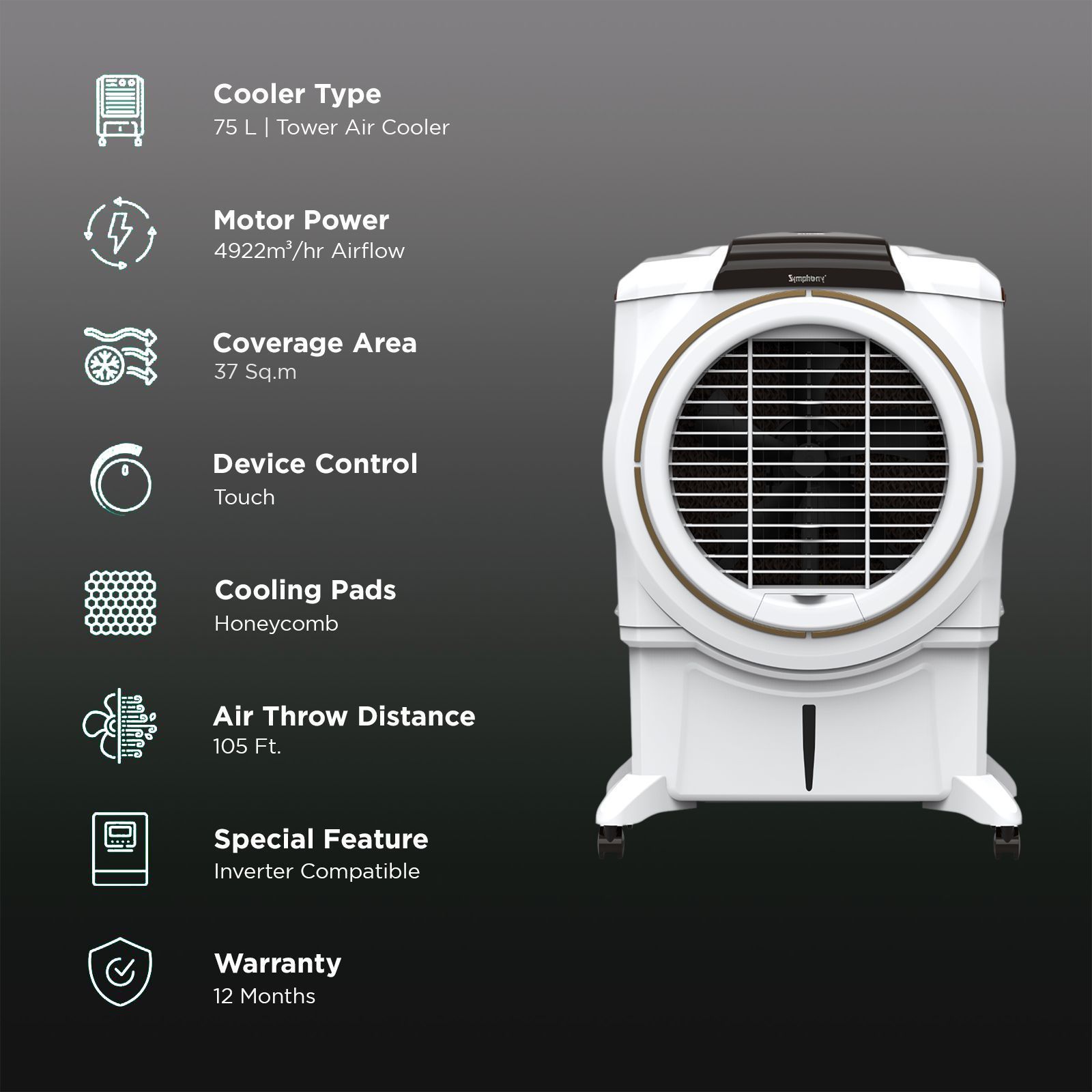 Symphony Sumo 75 Litres Tower Air Cooler with CFD Technology (Intuitive Touch Screen Controls, White)_3
