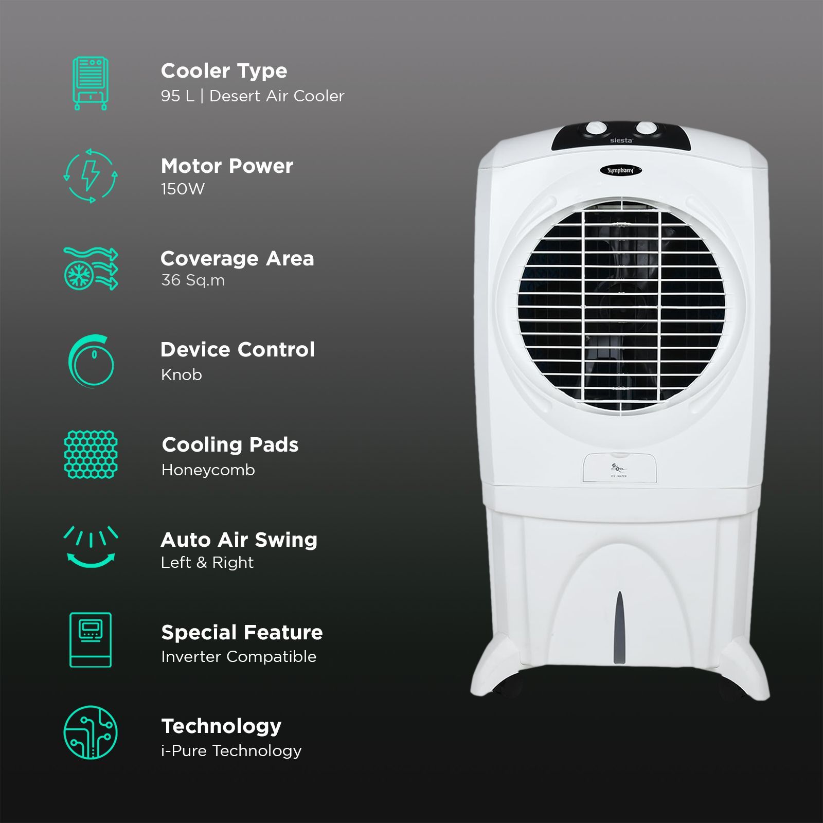 Symphony Siesta 95 XL 95 Litres Desert Air Cooler with i-Pure Technology (Cool Flow Dispenser, White) Symphony Siesta 95 XL 95 Litres Desert Air Cooler with i-Pure Technology (Cool Flow Dispenser, White)_3