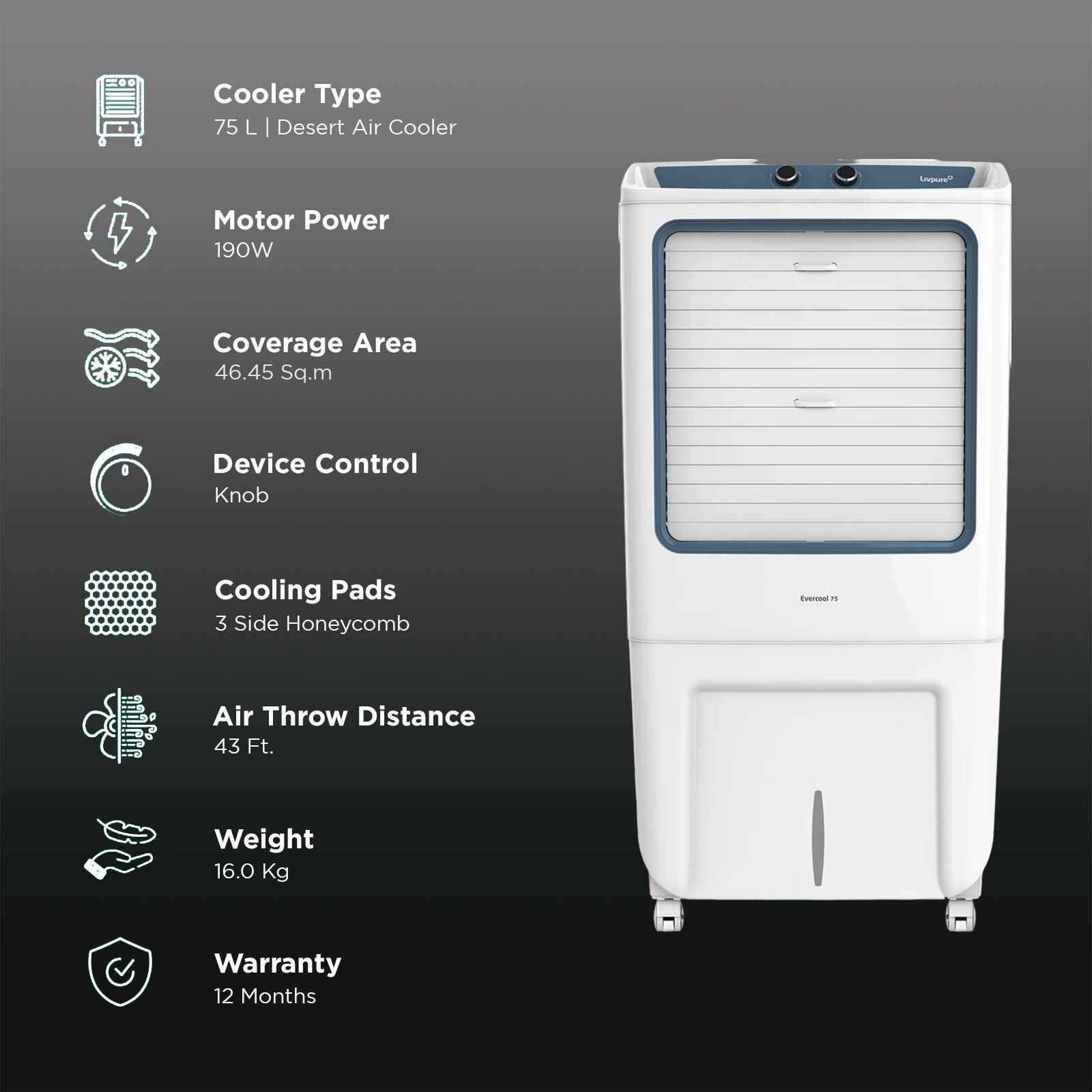 Livpure Evercool 75 Litres Desert Air Cooler with Inverter Compatible (Multi Directional Wheels, White & Blue)_3