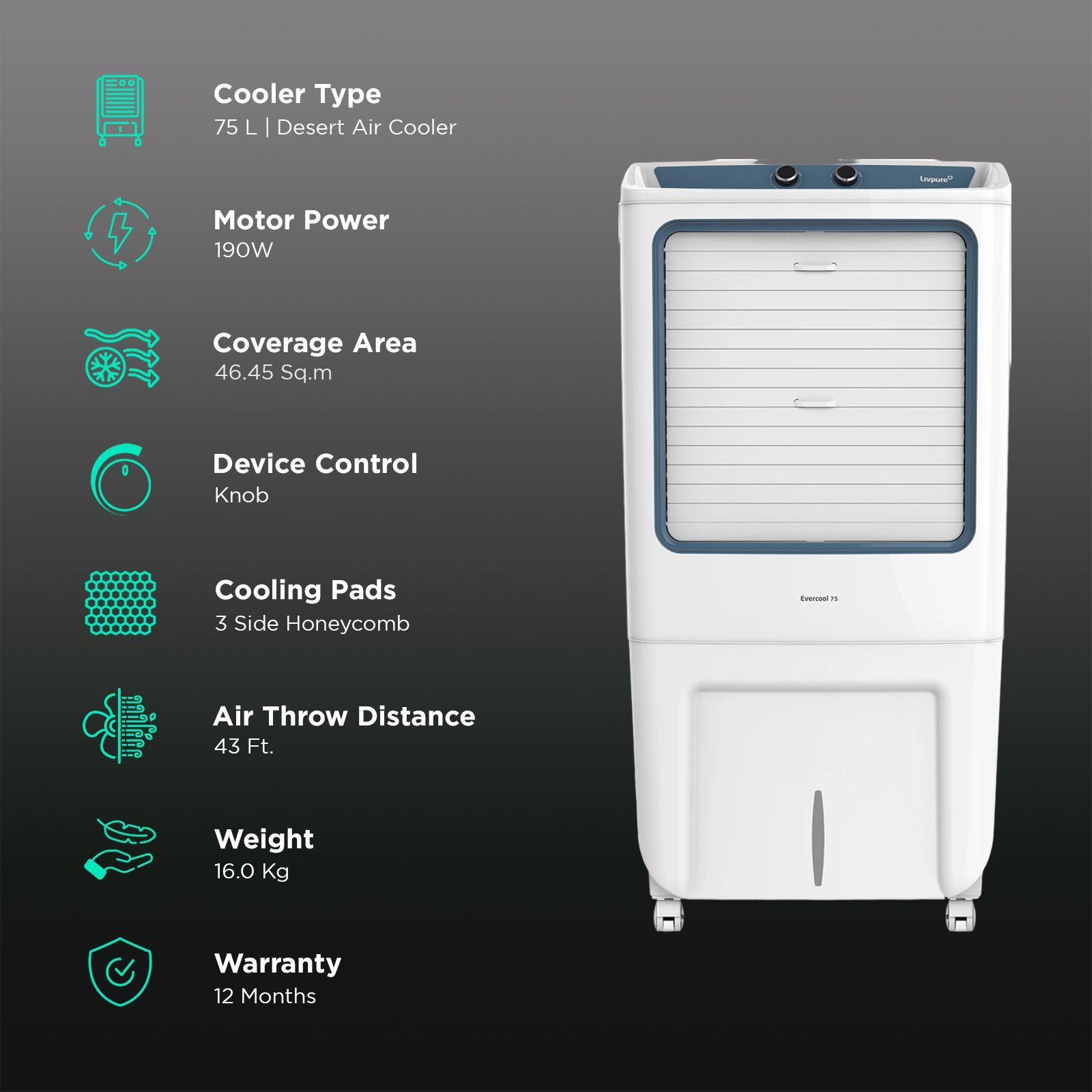 Livpure Evercool 75 Litres Desert Air Cooler with Inverter Compatible (Multi Directional Wheels, White & Blue)_3