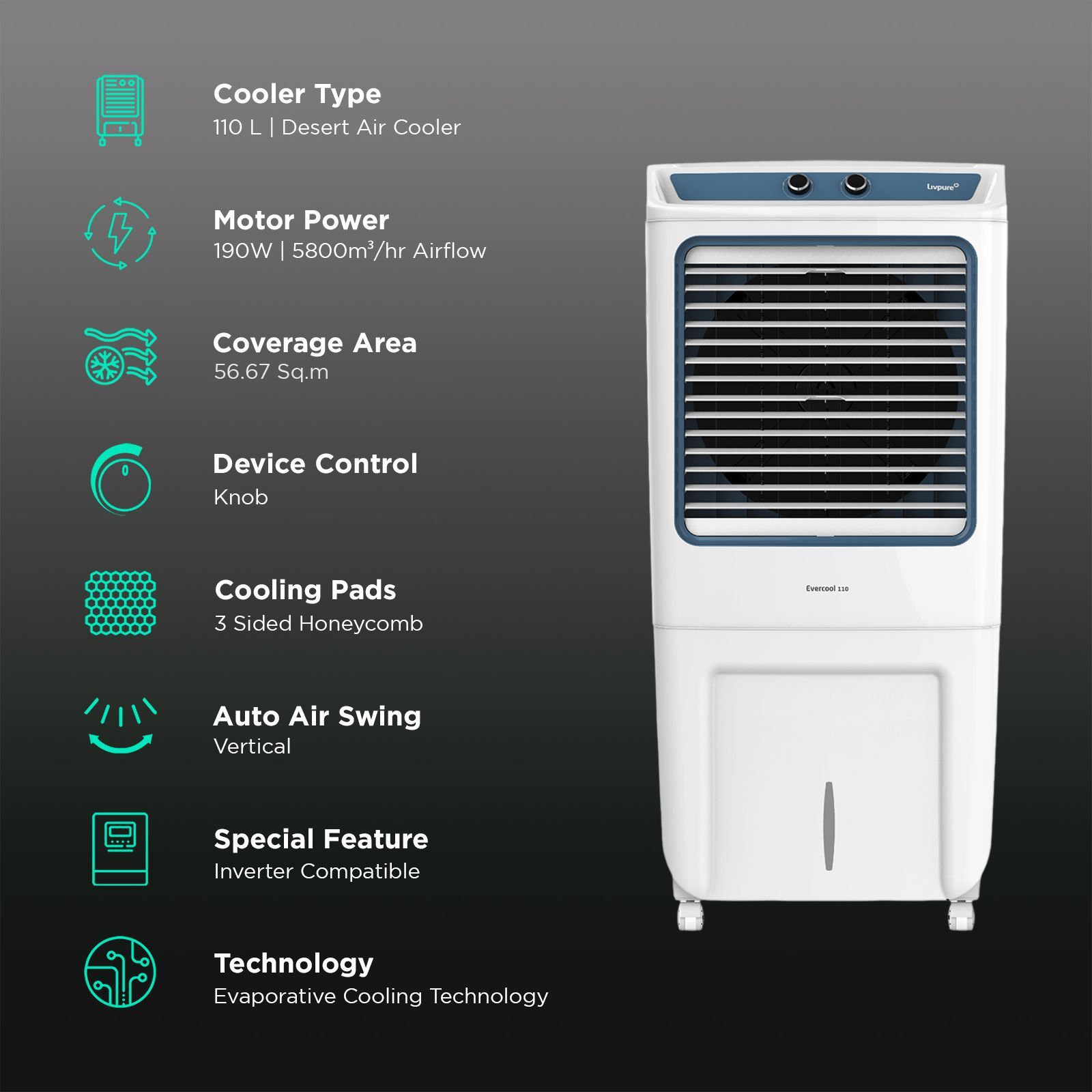 Livpure Evercool 110 Litres Desert Air Cooler with Inverter Compatible (Thermal Overload Protection, White & Blue)_3