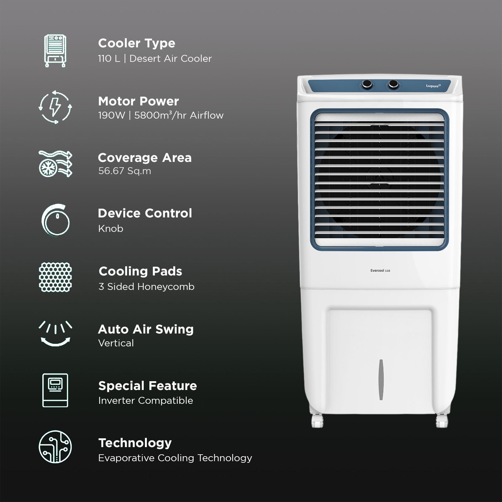 Livpure Evercool 110 Litres Desert Air Cooler with Inverter Compatible (Thermal Overload Protection, White & Blue) Livpure Evercool 110 Litres Desert Air Cooler with Inverter Compatible (Thermal Overload Protection, White & Blue)_3