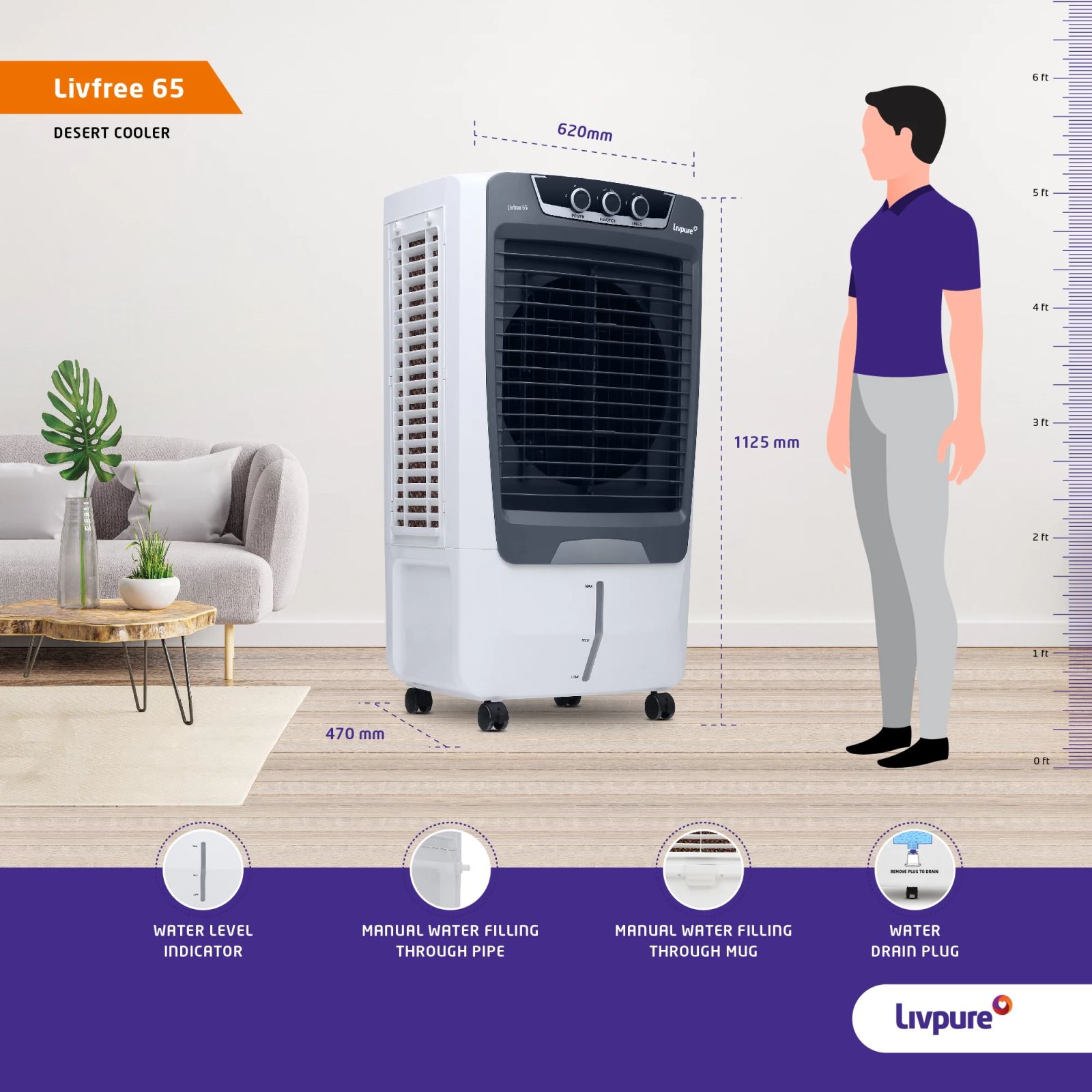 Livpure Livfree 65 Litres Desert Air Cooler with 4 Way Louver Movement (Thermal Overload Protection, White & Grey)_9