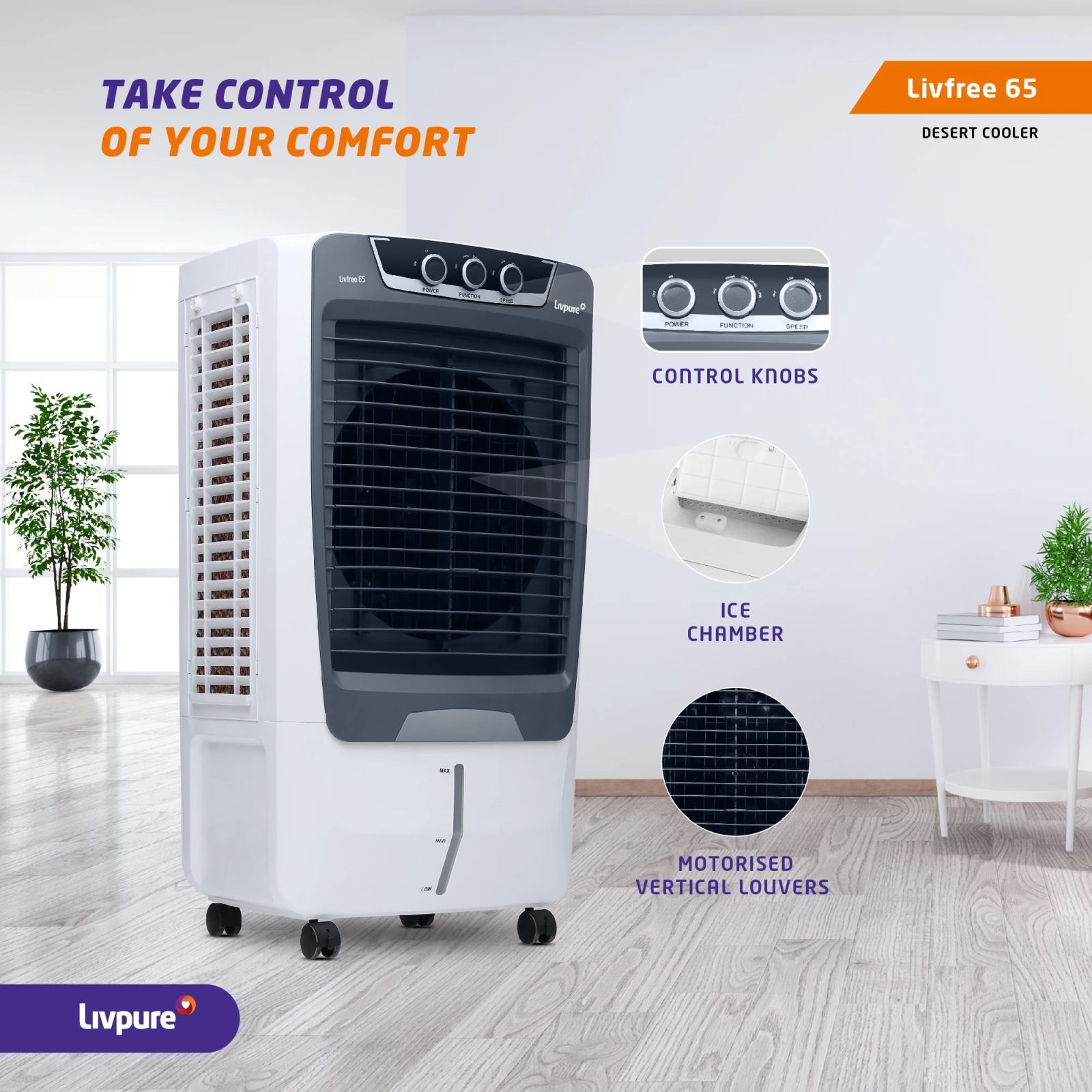 Livpure Livfree 65 Litres Desert Air Cooler with 4 Way Louver Movement (Thermal Overload Protection, White & Grey)_14