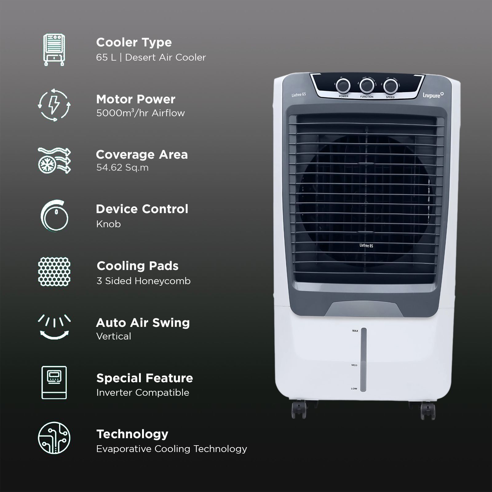 Livpure Livfree 65 Litres Desert Air Cooler with 4 Way Louver Movement (Thermal Overload Protection, White & Grey) Livpure Livfree 65 Litres Desert Air Cooler with 4 Way Louver Movement (Thermal Overload Protection, White & Grey)_3