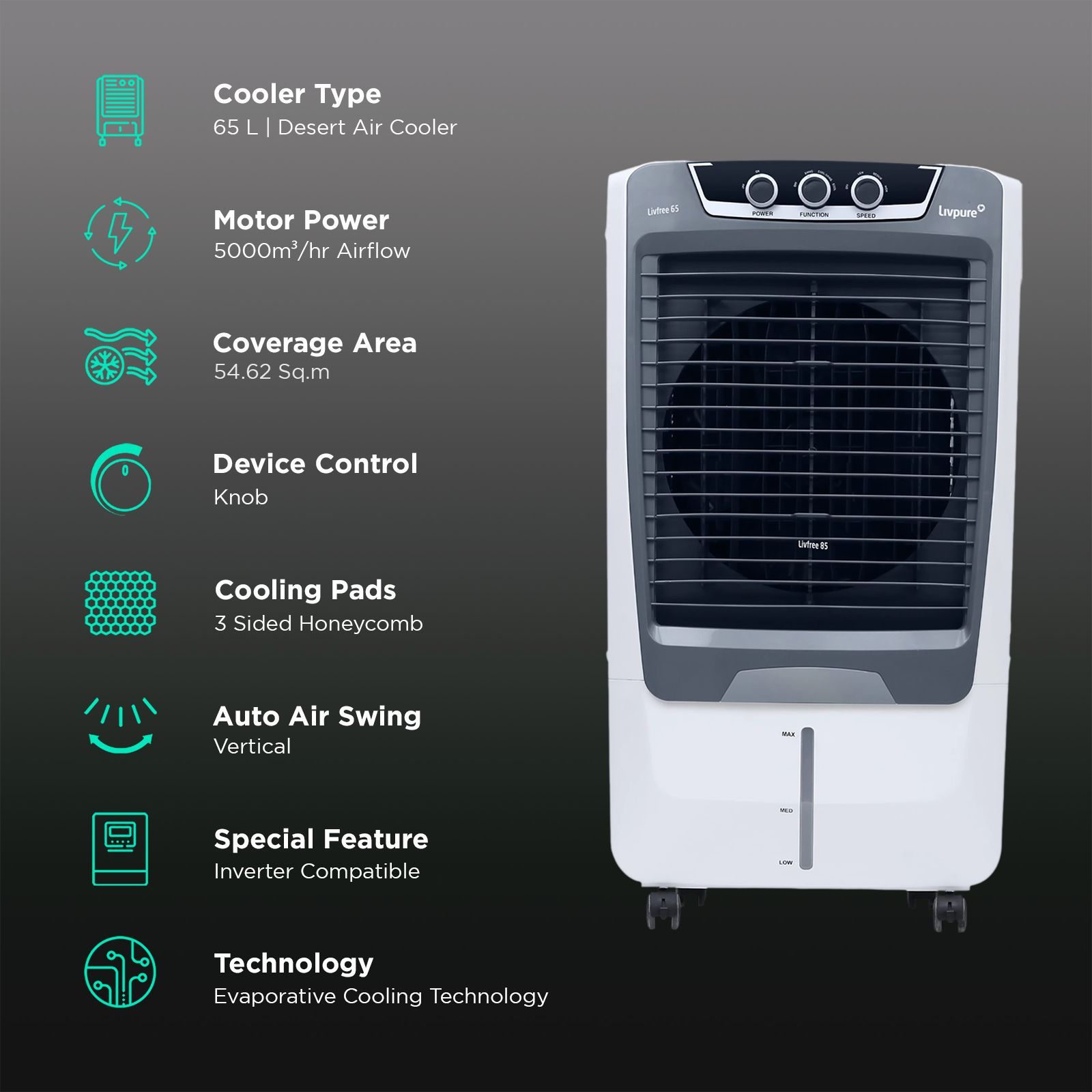 Livpure Livfree 65 Litres Desert Air Cooler with 4 Way Louver Movement (Thermal Overload Protection, White & Grey)_3