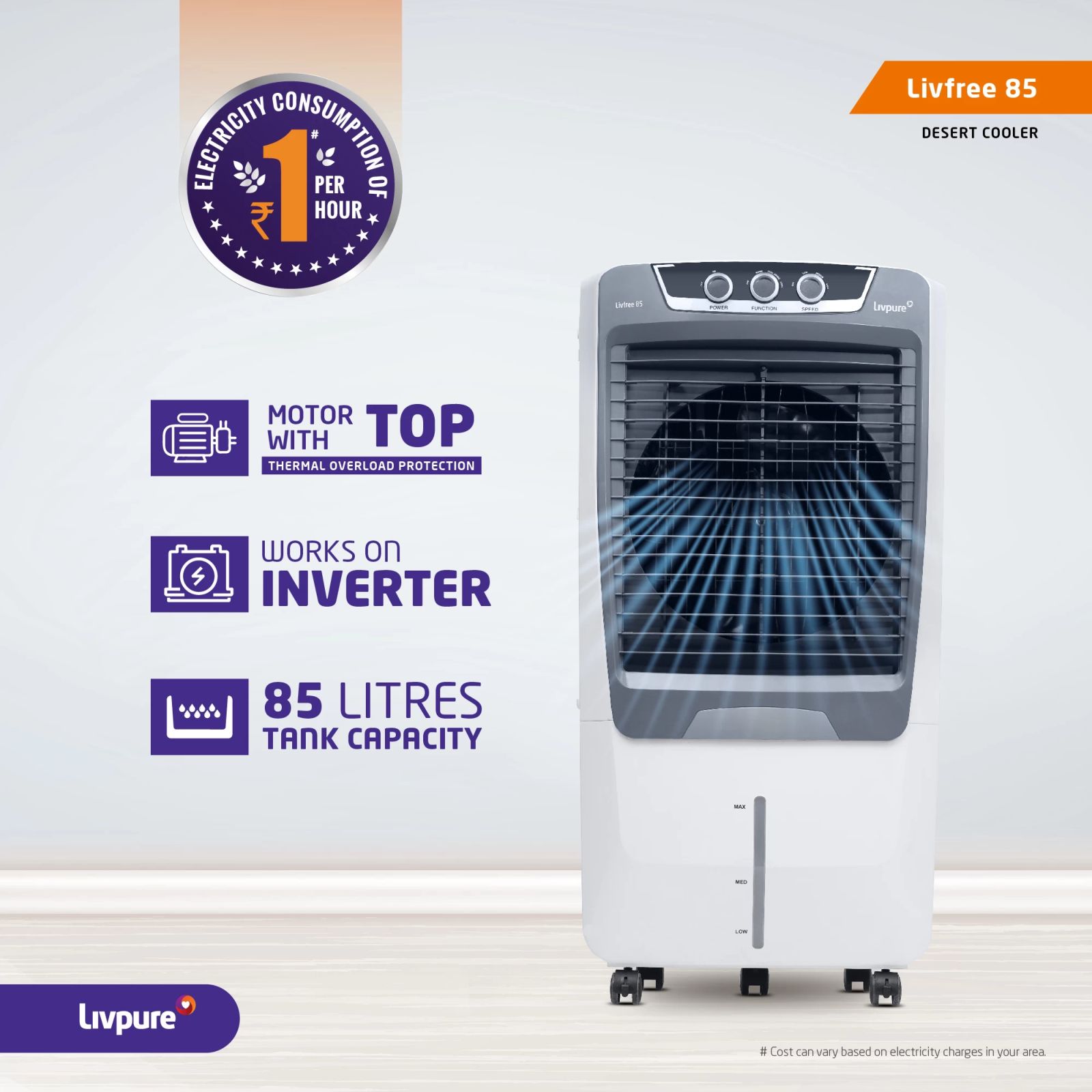 Livpure Livfree 85 Litres Desert Air Cooler with Inverter Compatible (Thermal Overload Protection, White & Grey)_6