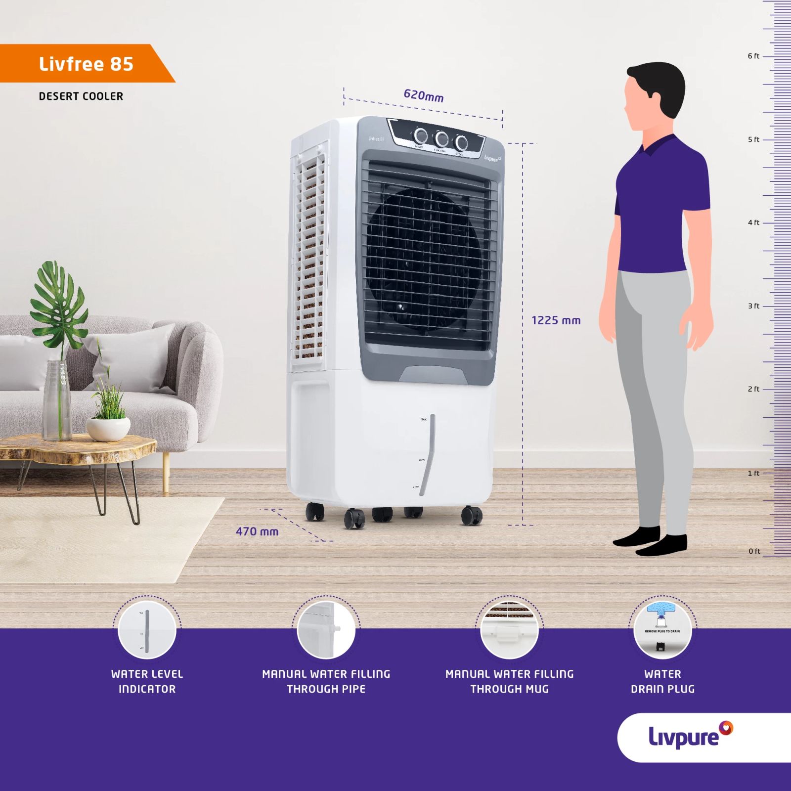 Livpure Livfree 85 Litres Desert Air Cooler with Inverter Compatible (Thermal Overload Protection, White & Grey)_13