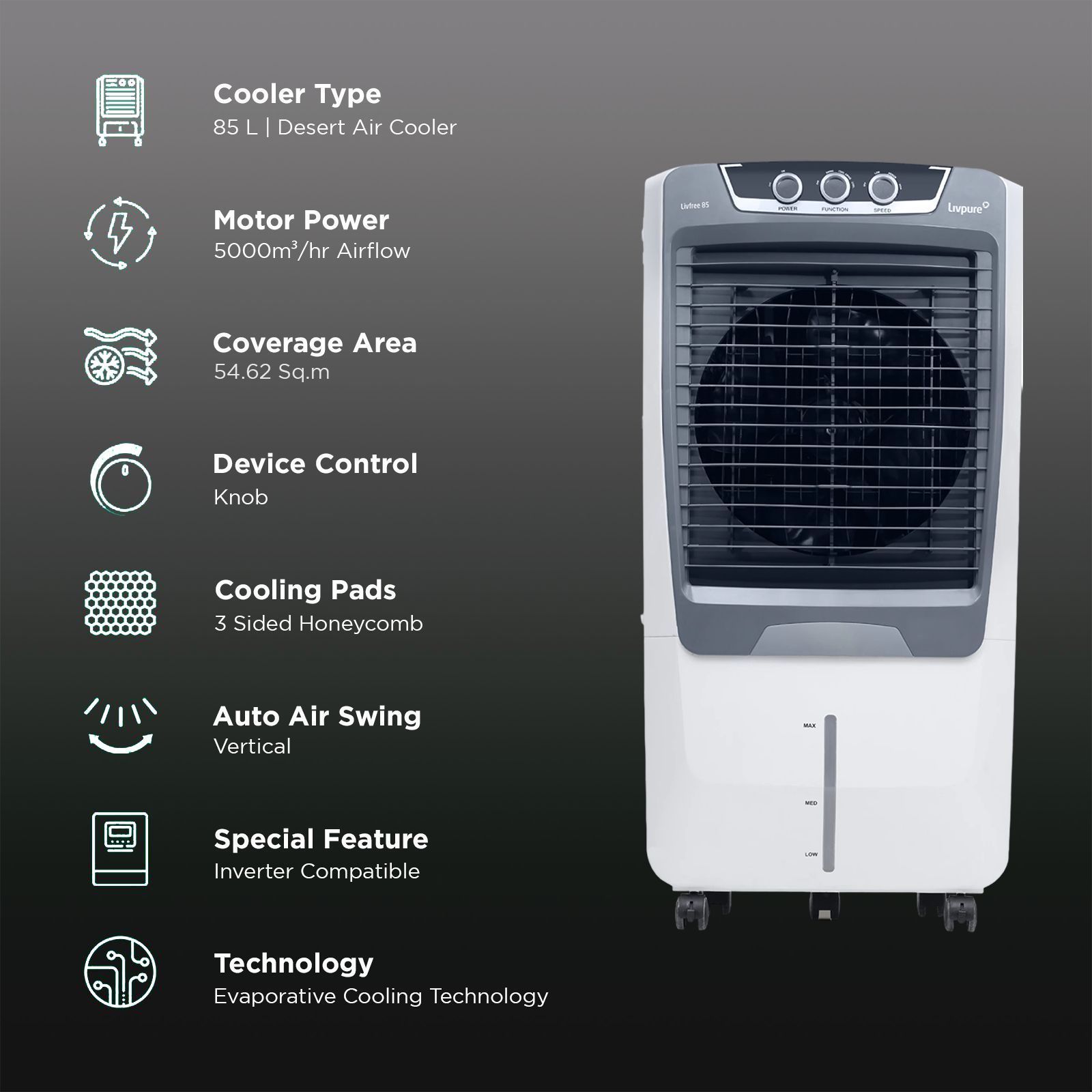 Livpure Livfree 85 Litres Desert Air Cooler with Inverter Compatible (Thermal Overload Protection, White & Grey)_3