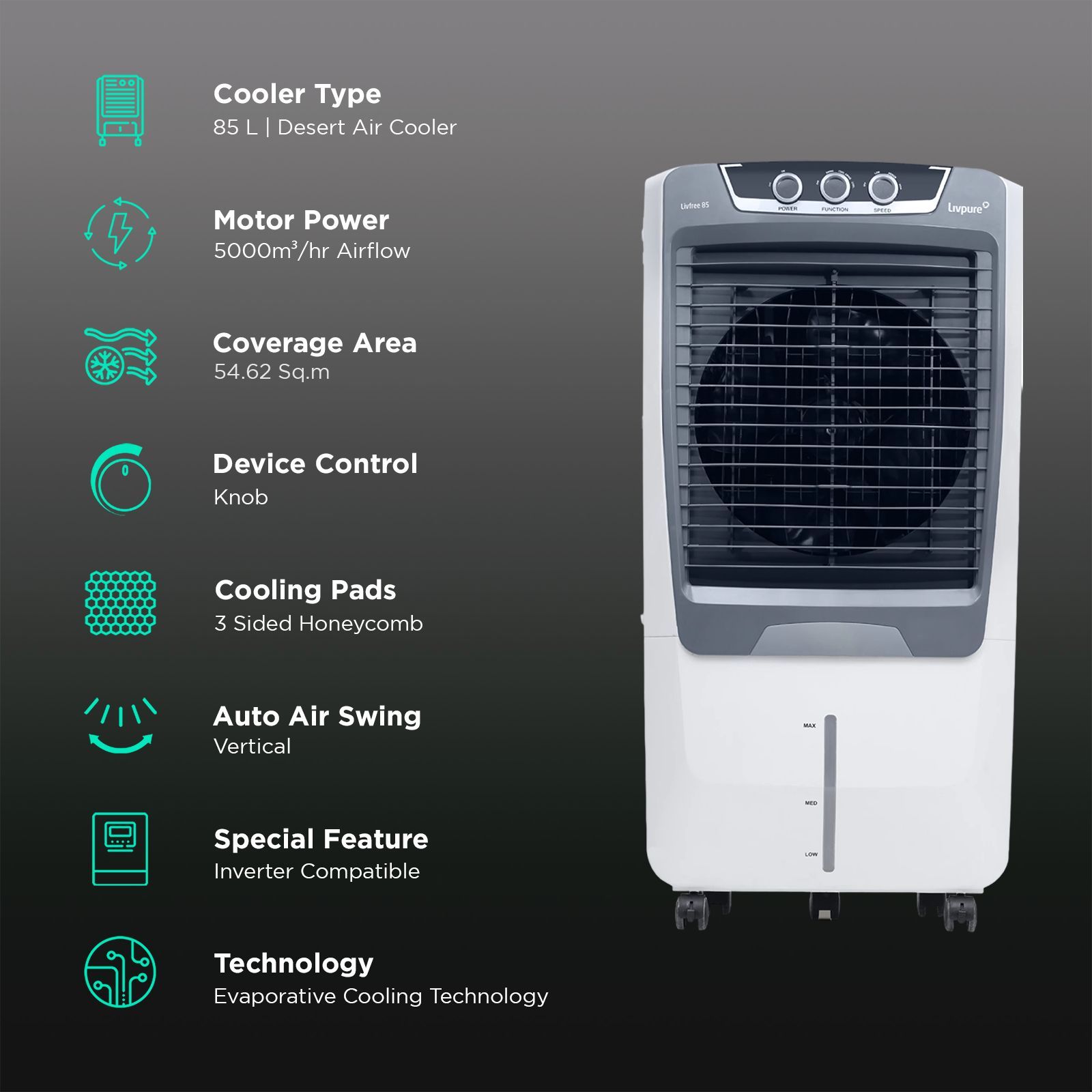 Livpure Livfree 85 Litres Desert Air Cooler with Inverter Compatible (Thermal Overload Protection, White & Grey)_3