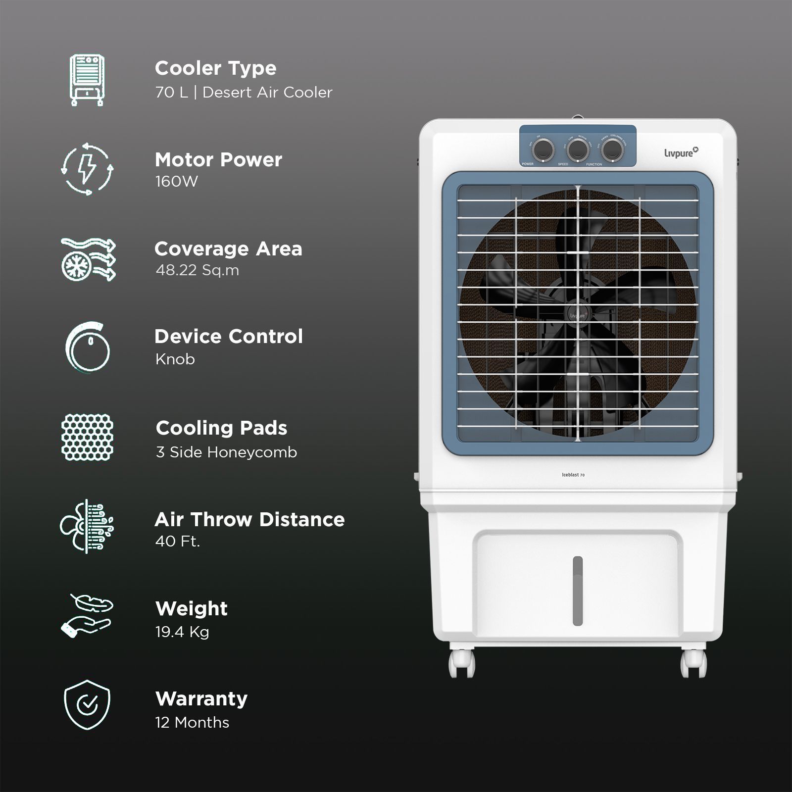 Livpure Iceblast 70 Litres Desert Air Cooler with Ice Chamber (Thermal Overload Protection, White and Blue)_3