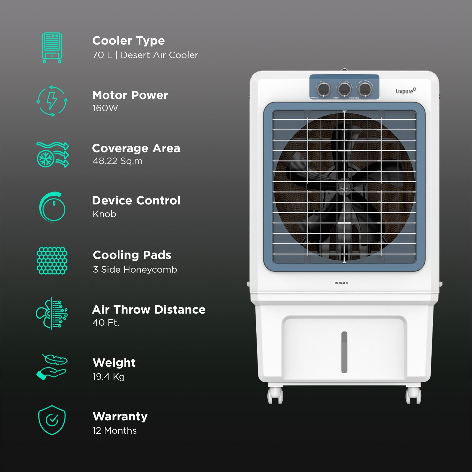 Livpure Iceblast 70 Litres Desert Air Cooler with Ice Chamber (Thermal Overload Protection, White and Blue)_3