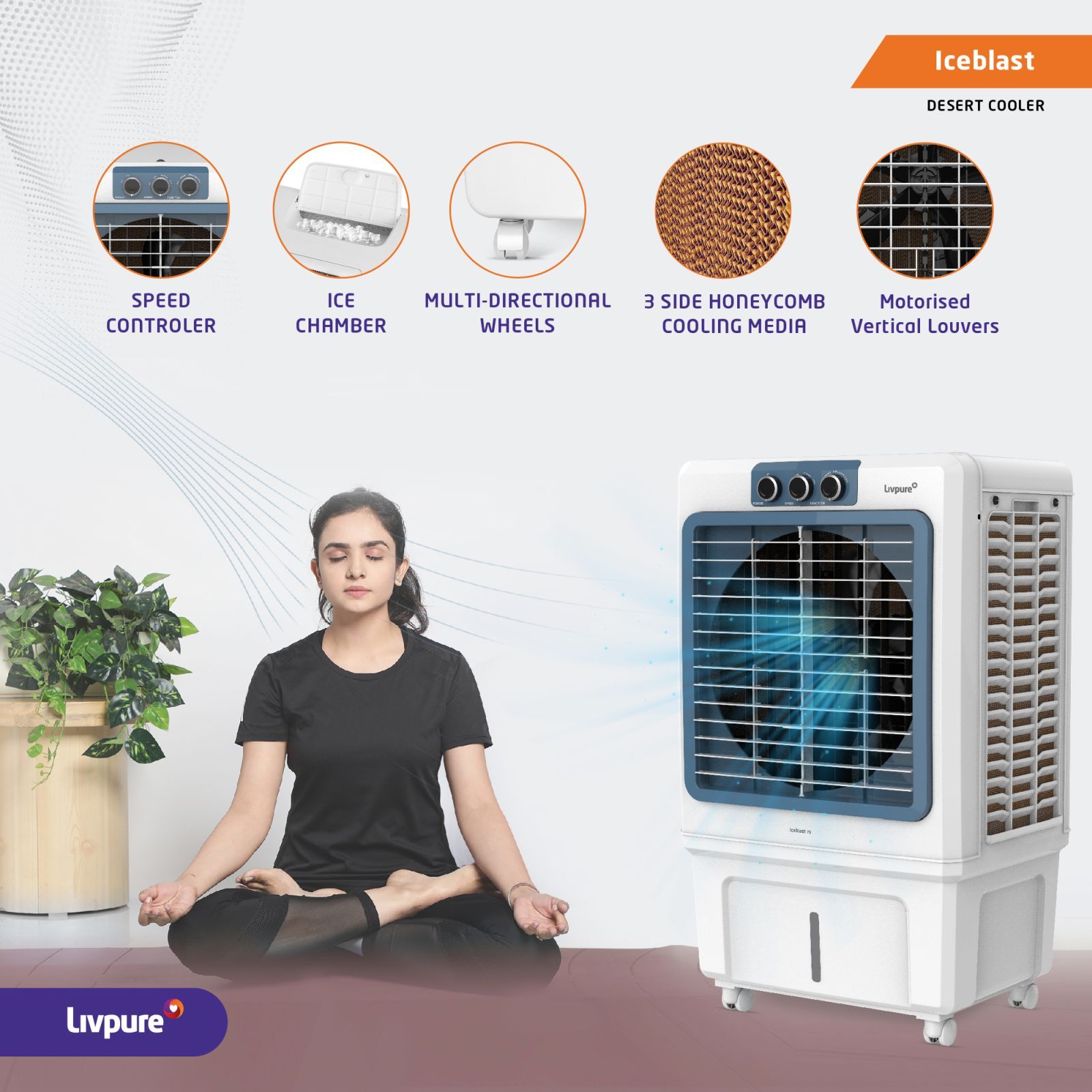 Livpure Iceblast 70 Litres Desert Air Cooler with Ice Chamber (Thermal Overload Protection, White and Blue)_5