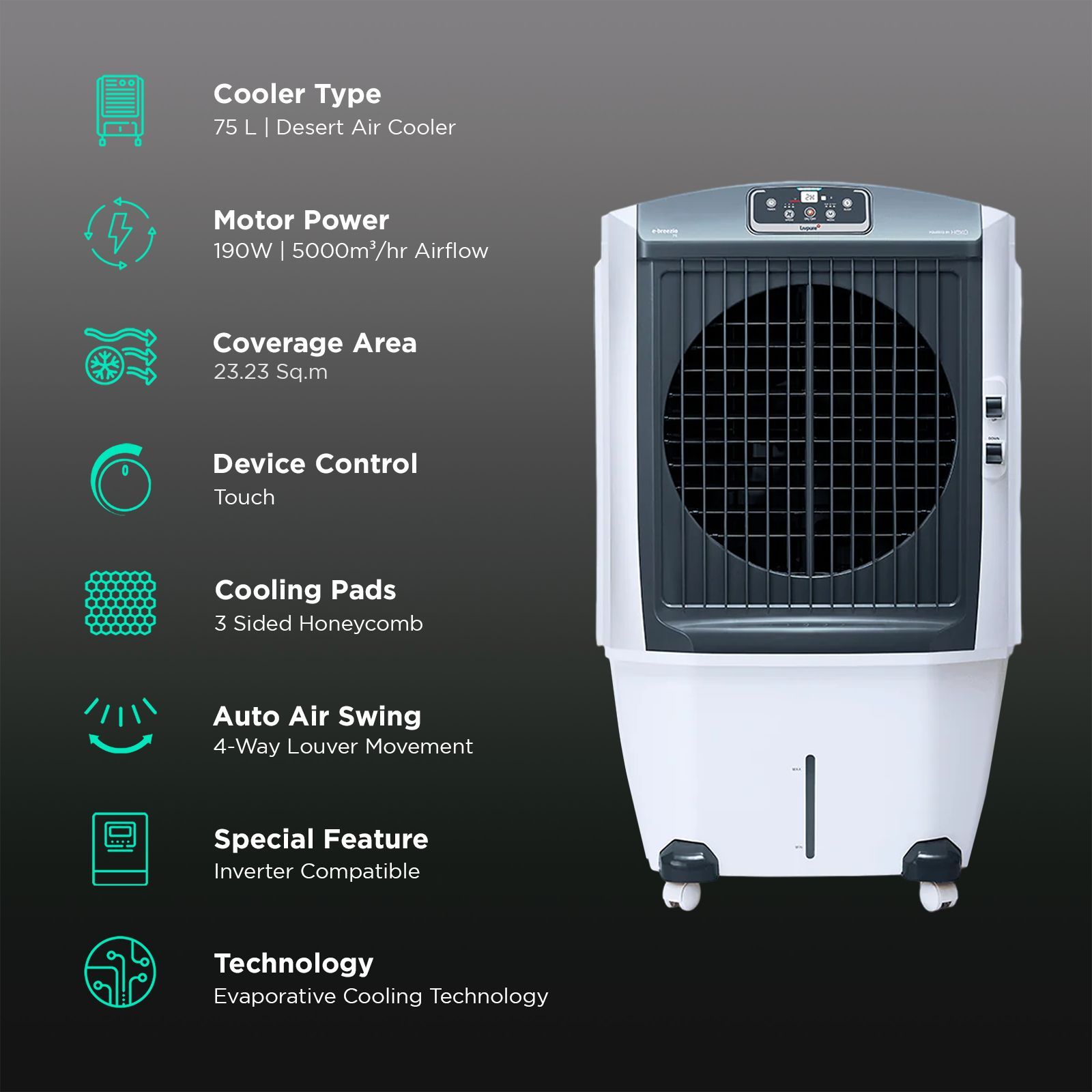 Livpure E-Breezio 75 Litres Desert Air Cooler with Inverter Compatible (Feather Touch, White & Grey)_3
