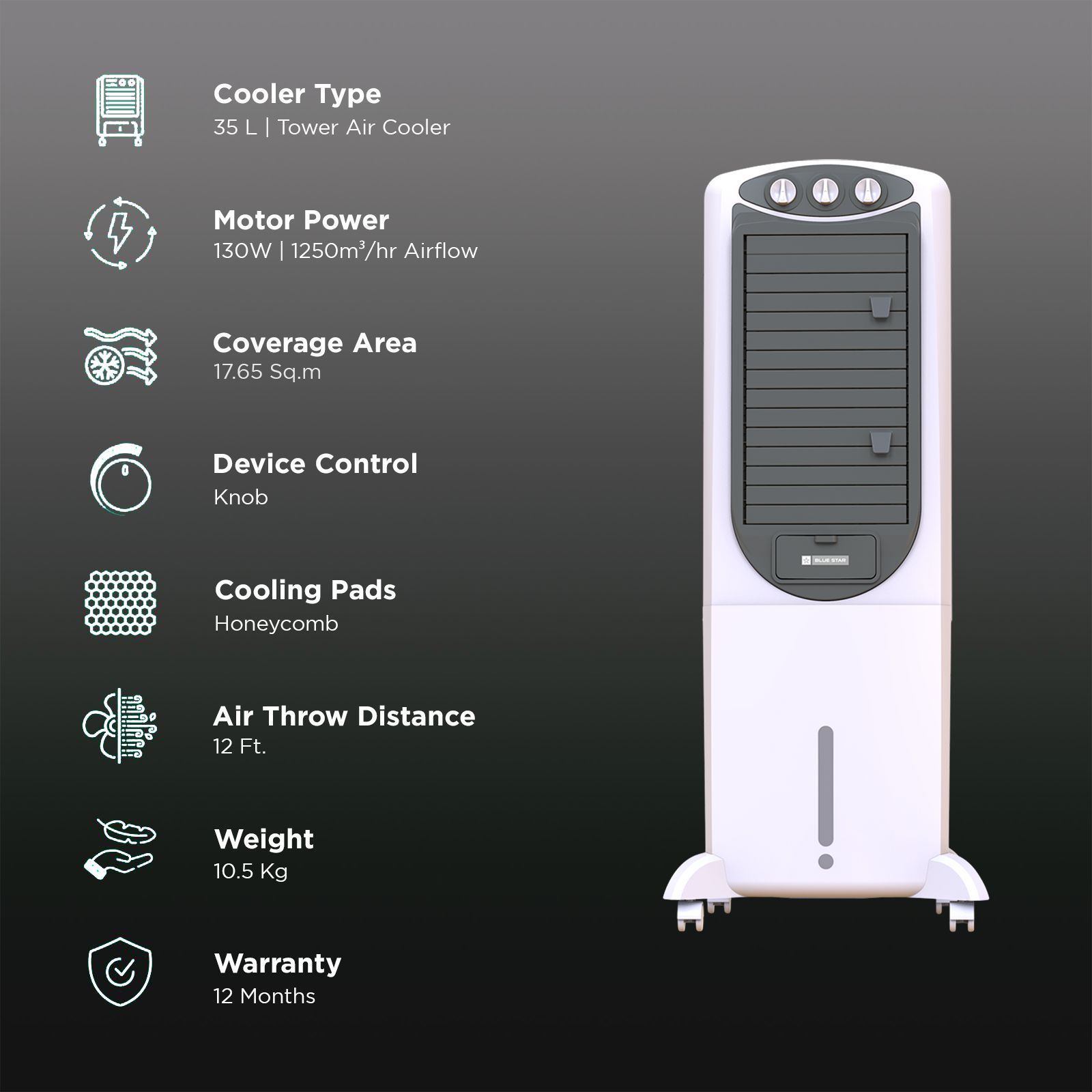 Blue Star PREMIA 35 Litres Tower Air Cooler with Anti-Microbial Property (Cross Drift Technology, White & Cool Grey)_3