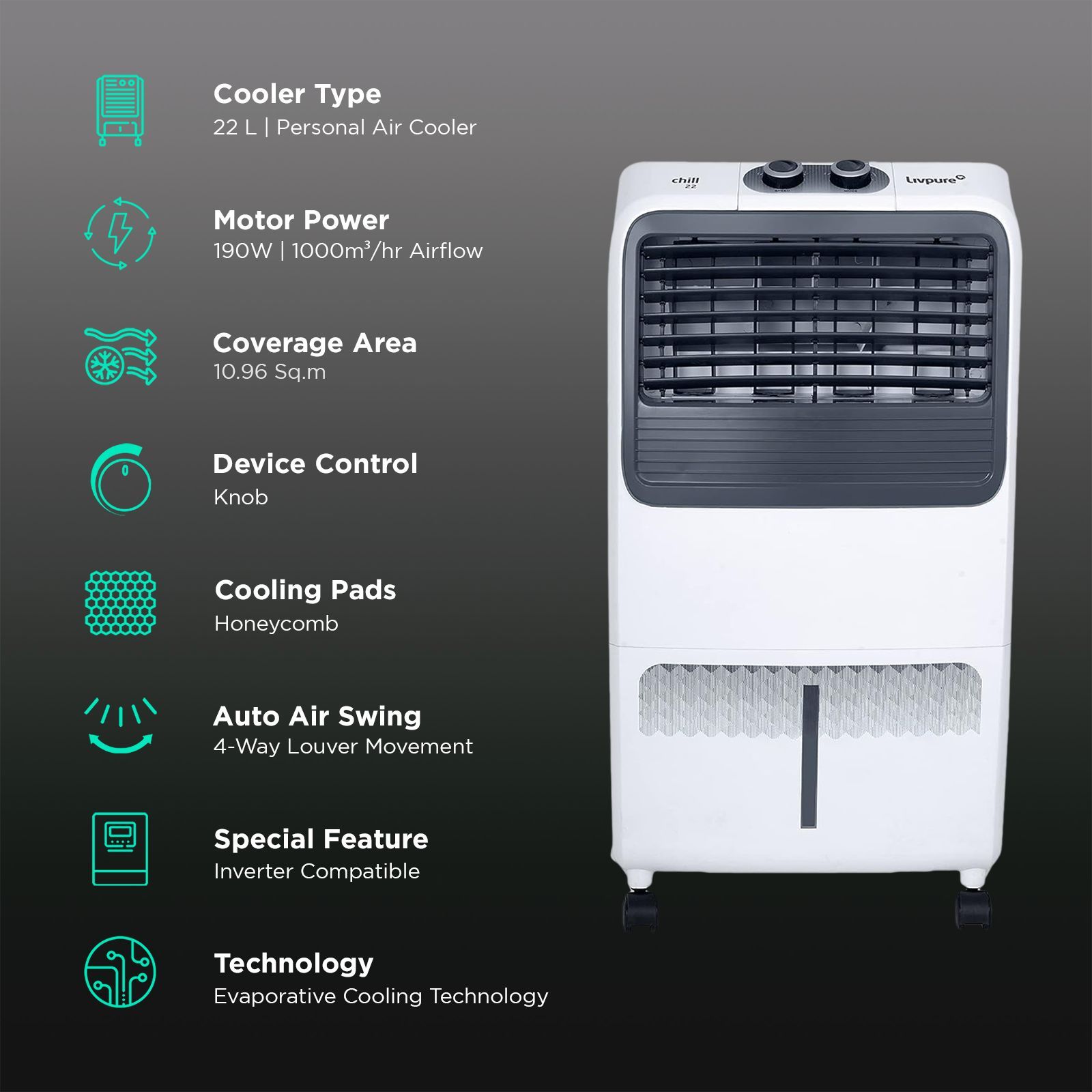 Livpure Chill 22 Litres Personal Air Cooler with Ice Chamber (Thermal Overload Protection, White & Grey) Livpure Chill 22 Litres Personal Air Cooler with Ice Chamber (Thermal Overload Protection, White & Grey)_3