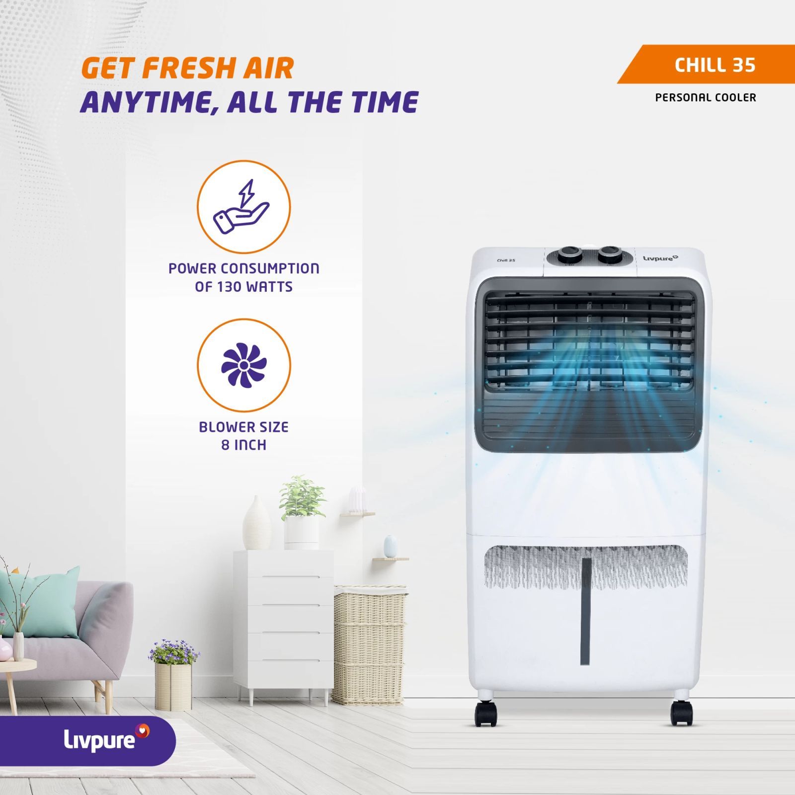Livpure Chill 35 Litres Personal Air Cooler with Ice Chamber (Thermal Overload Protection, Grey & White)_11