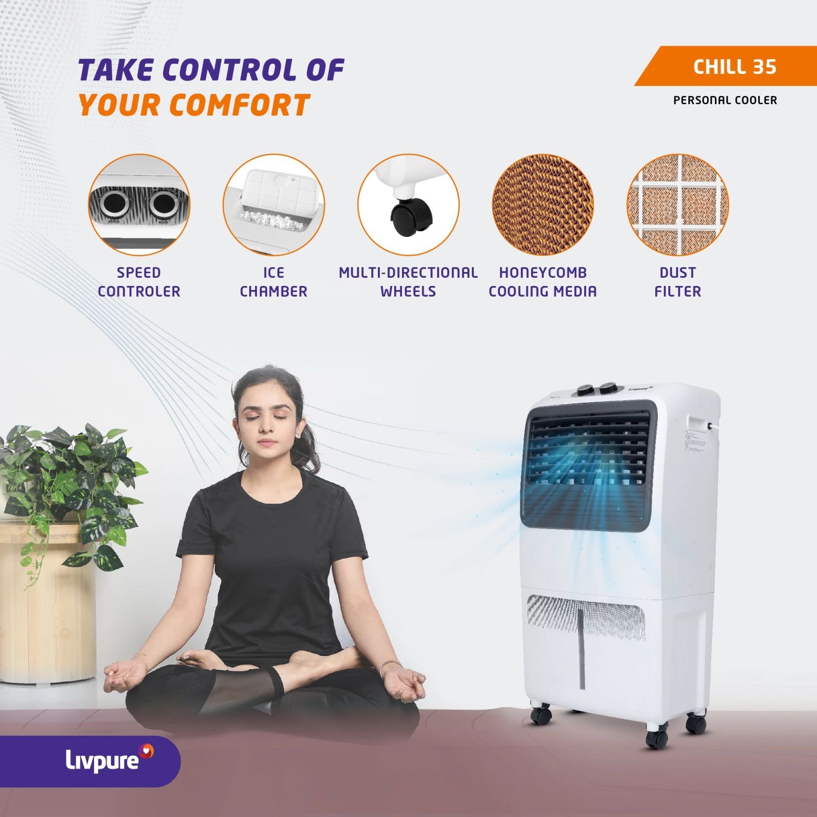 Livpure Chill 35 Litres Personal Air Cooler with Ice Chamber (Thermal Overload Protection, Grey & White)_12