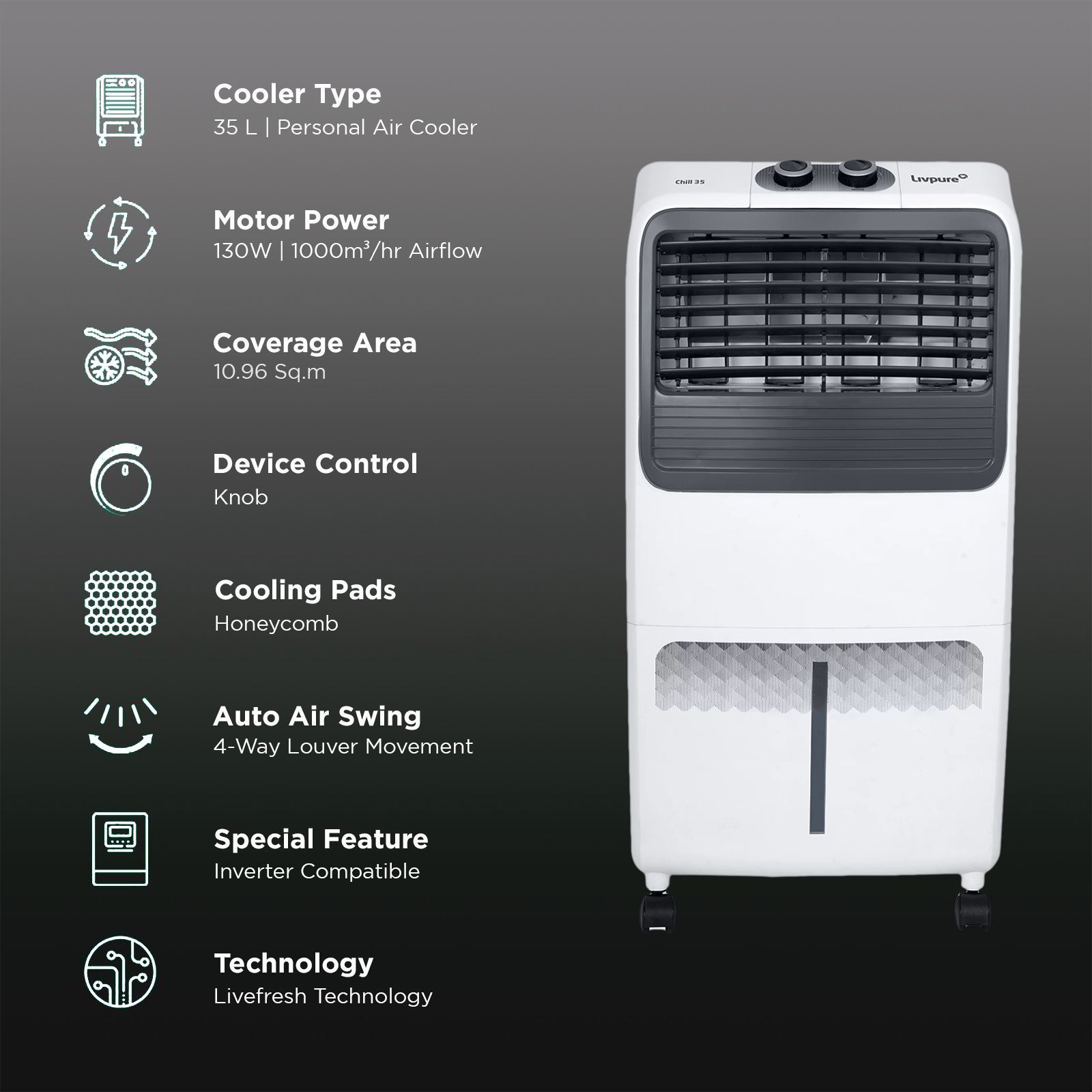 Livpure Chill 35 Litres Personal Air Cooler with Ice Chamber (Thermal Overload Protection, Grey & White) Livpure Chill 35 Litres Personal Air Cooler with Ice Chamber (Thermal Overload Protection, Grey & White)_3