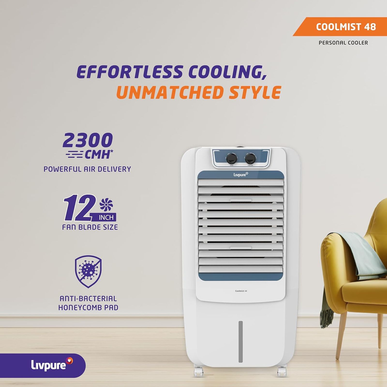 Livpure Coolmist 48 Litres Personal Air Cooler with Inverter Compatible (Thermal Overload Protection, White & Blue)_11
