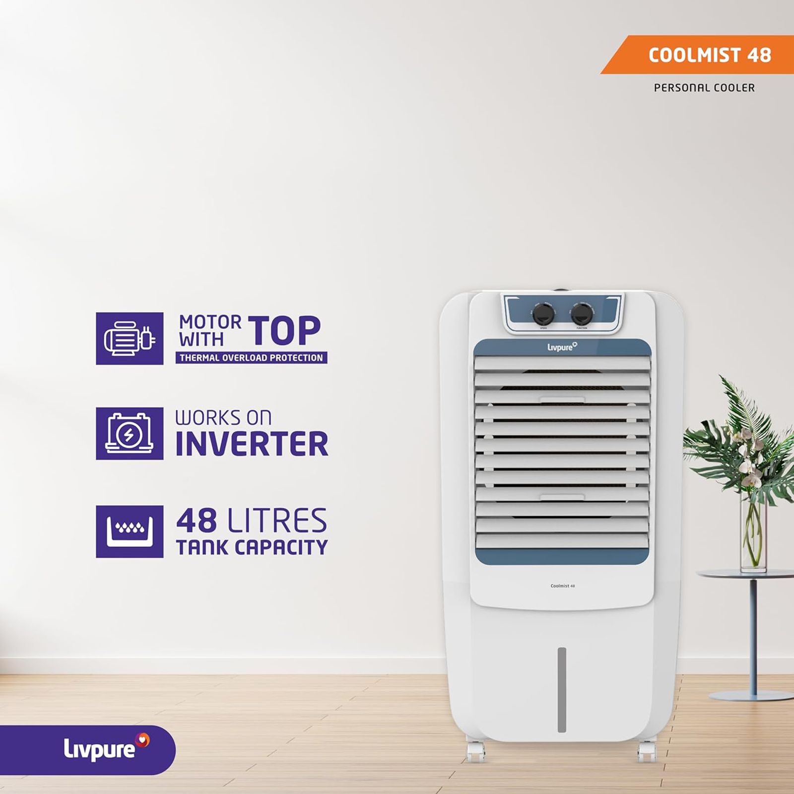 Livpure Coolmist 48 Litres Personal Air Cooler with Inverter Compatible (Thermal Overload Protection, White & Blue)_13