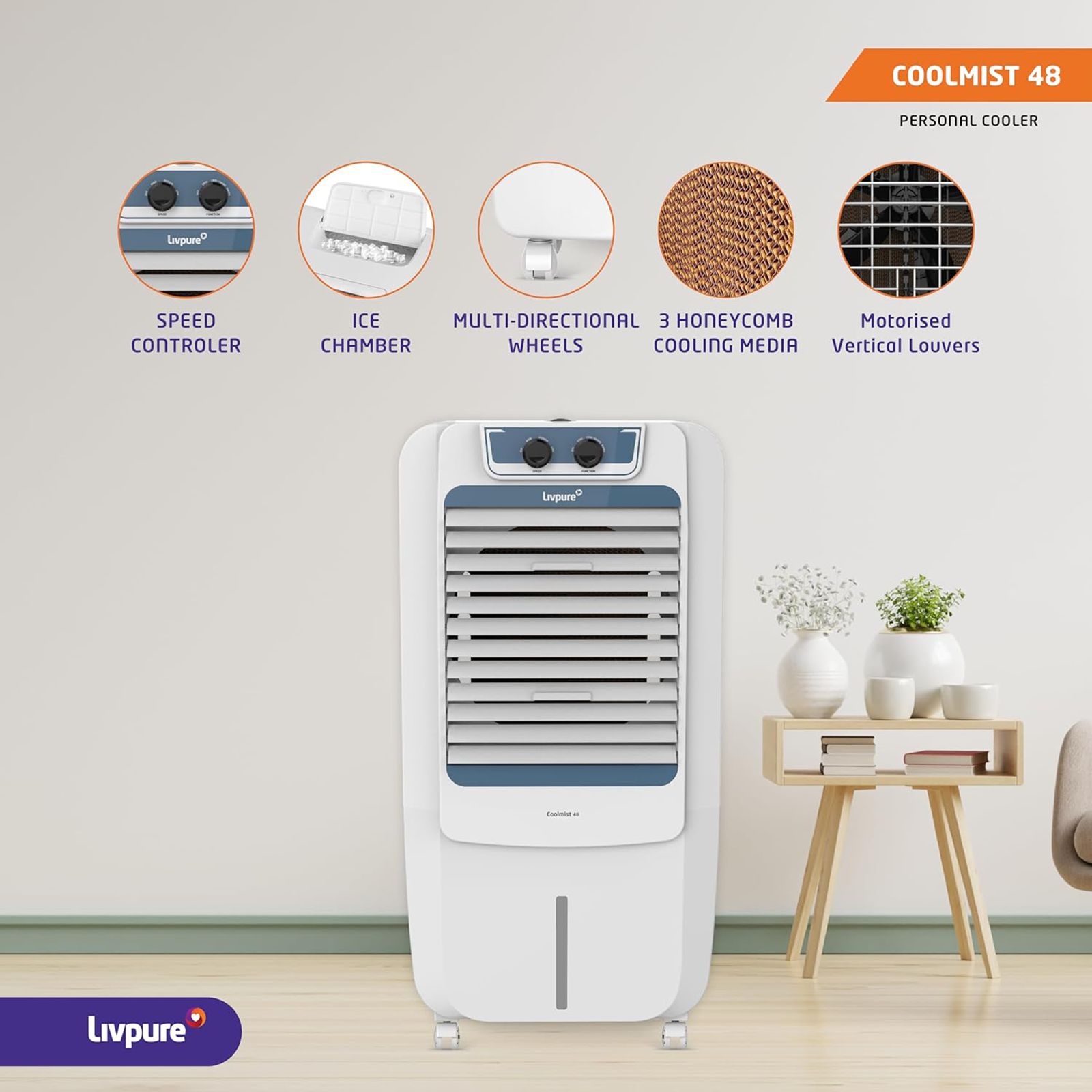 Livpure Coolmist 48 Litres Personal Air Cooler with Inverter Compatible (Thermal Overload Protection, White & Blue)_14