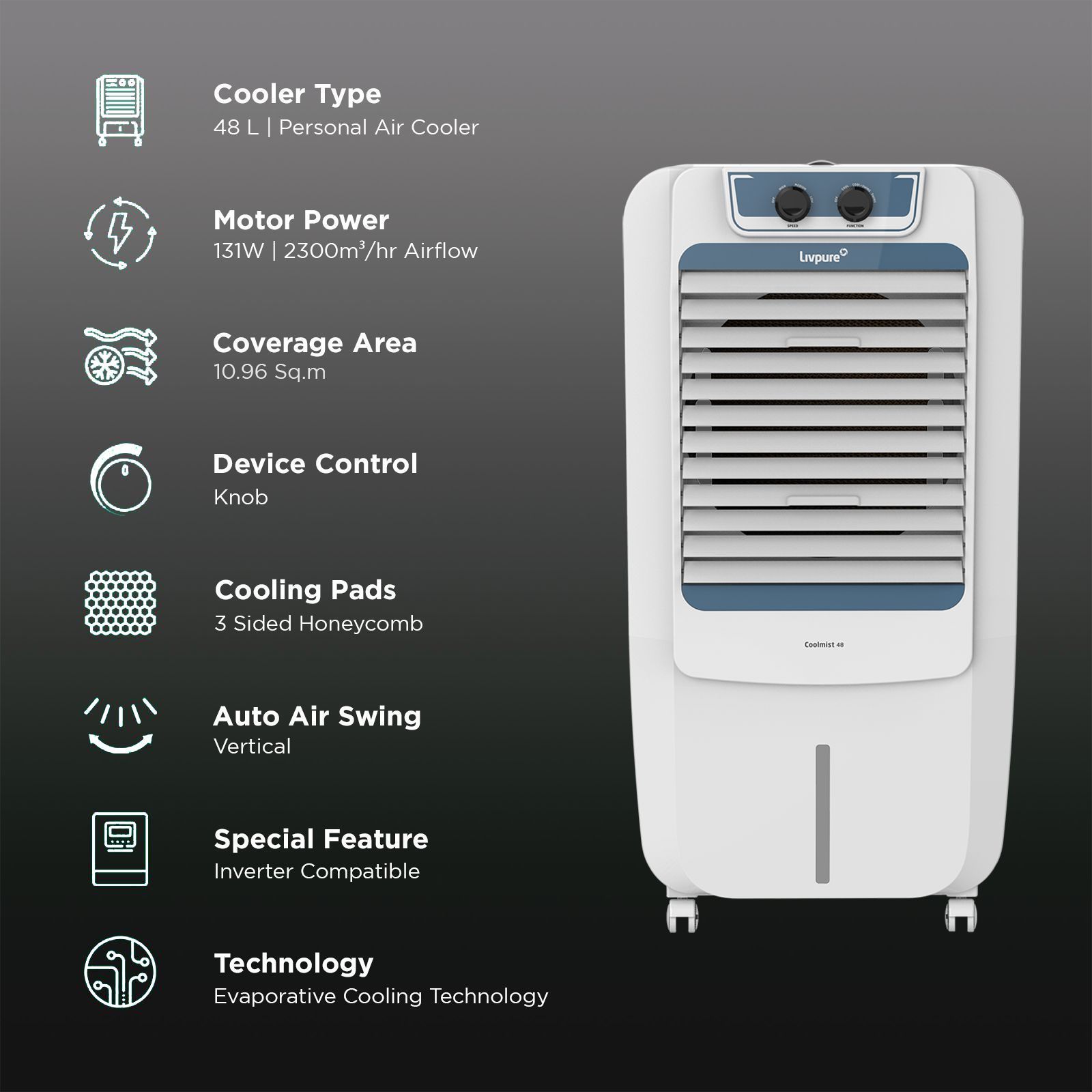 Livpure Coolmist 48 Litres Personal Air Cooler with Inverter Compatible (Thermal Overload Protection, White & Blue) Livpure Coolmist 48 Litres Personal Air Cooler with Inverter Compatible (Thermal Overload Protection, White & Blue)_3