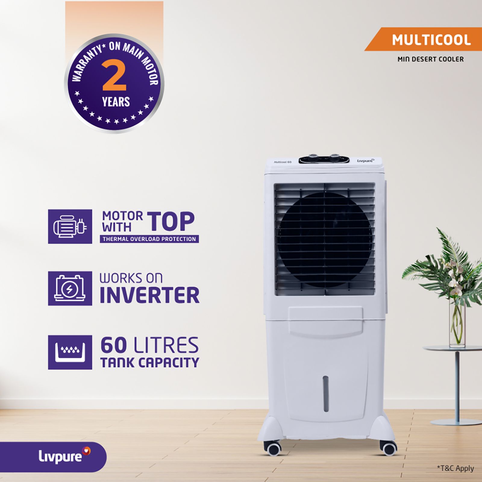 Livpure Multicool 60 Litres Mini Desert Air Cooler with Inverter Compatible (Thermal Overload Protection, White & Grey)_7