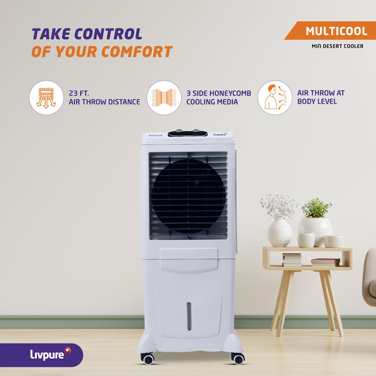 Livpure Multicool 60 Litres Mini Desert Air Cooler with Inverter Compatible (Thermal Overload Protection, White & Grey)_8