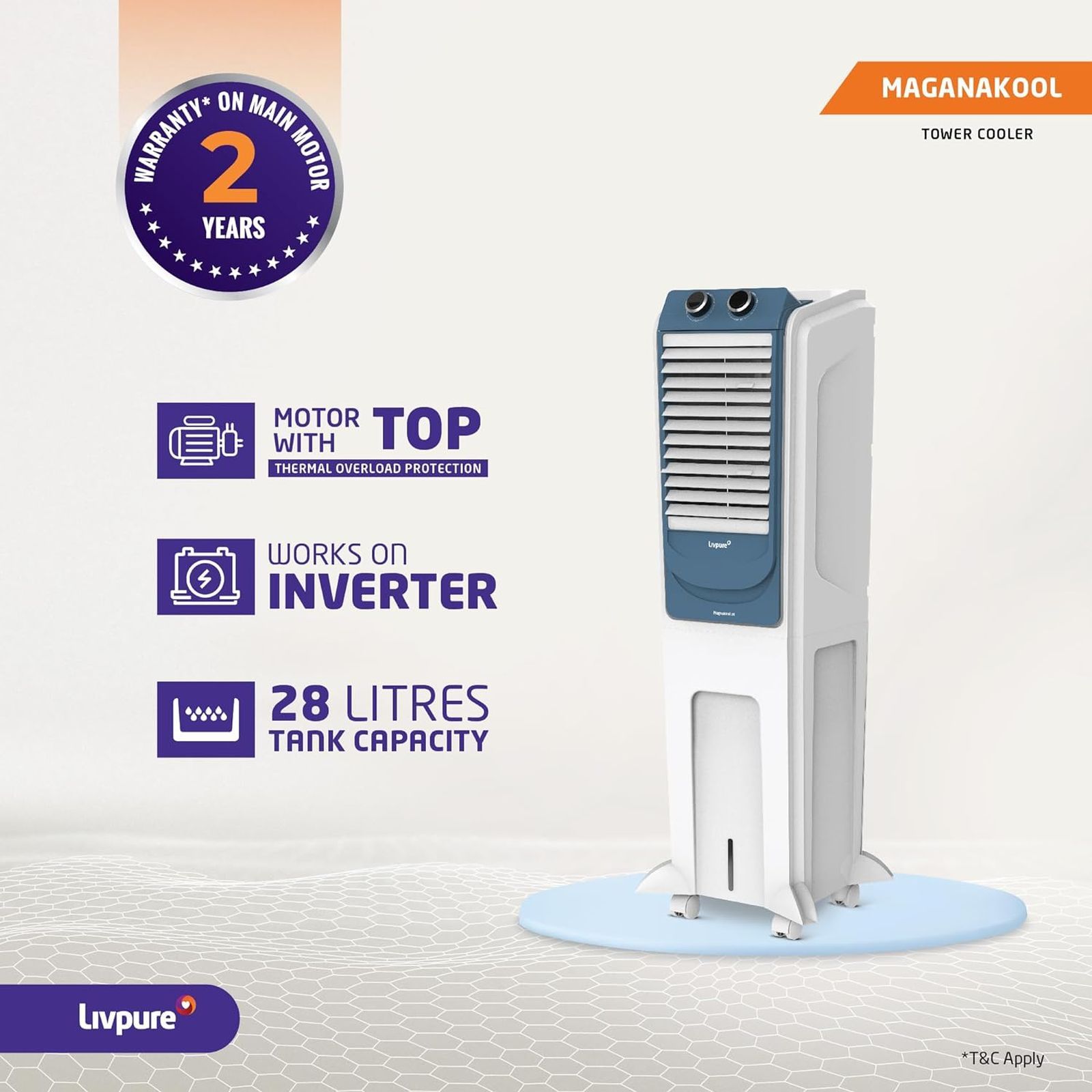 Livpure Magnakool 28 Litres Tower Air Cooler with Thermal Overload Protection (Anti Bacterial Honeycomb Pad, White & Blue)_4