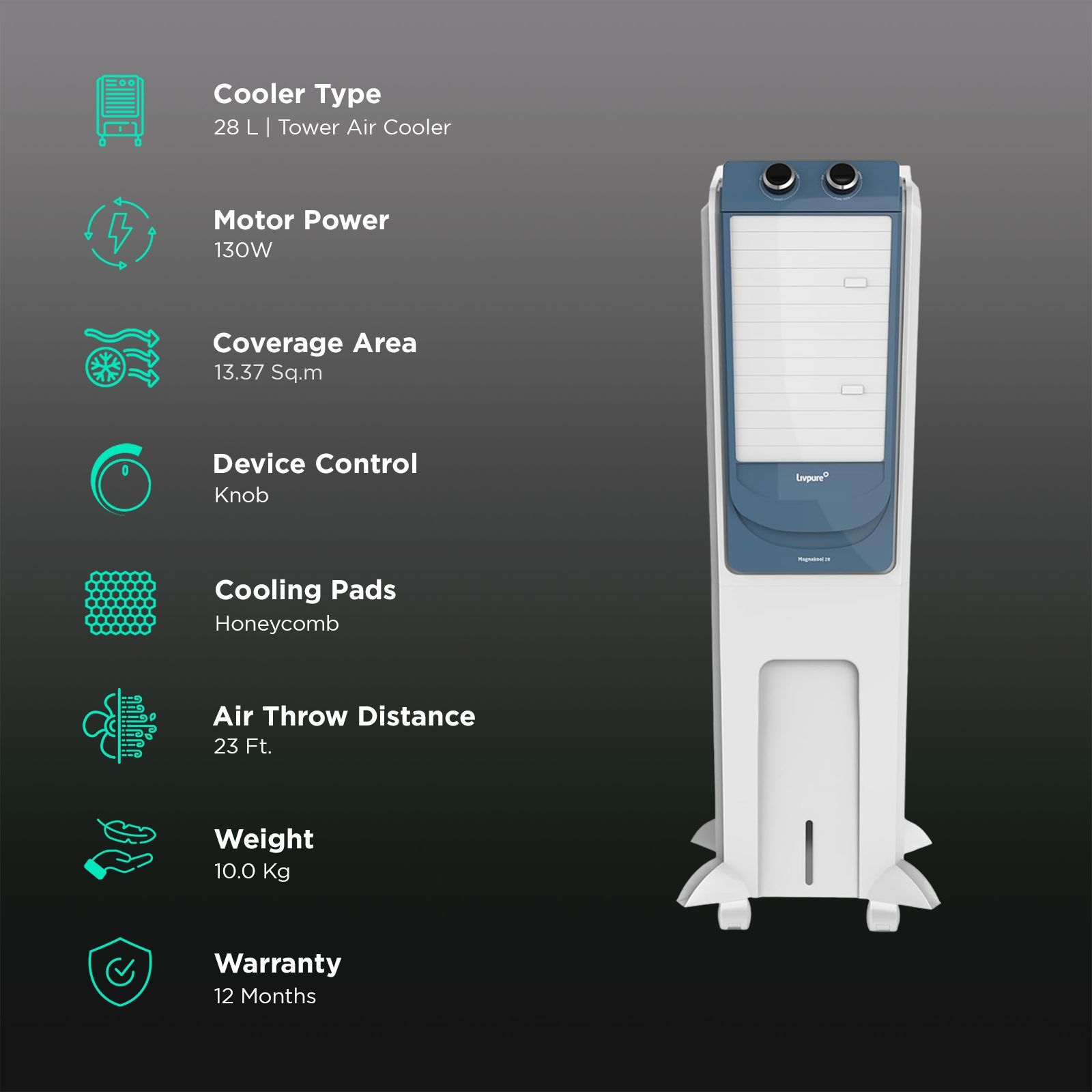 Livpure Magnakool 28 Litres Tower Air Cooler with Thermal Overload Protection (Anti Bacterial Honeycomb Pad, White & Blue)_3
