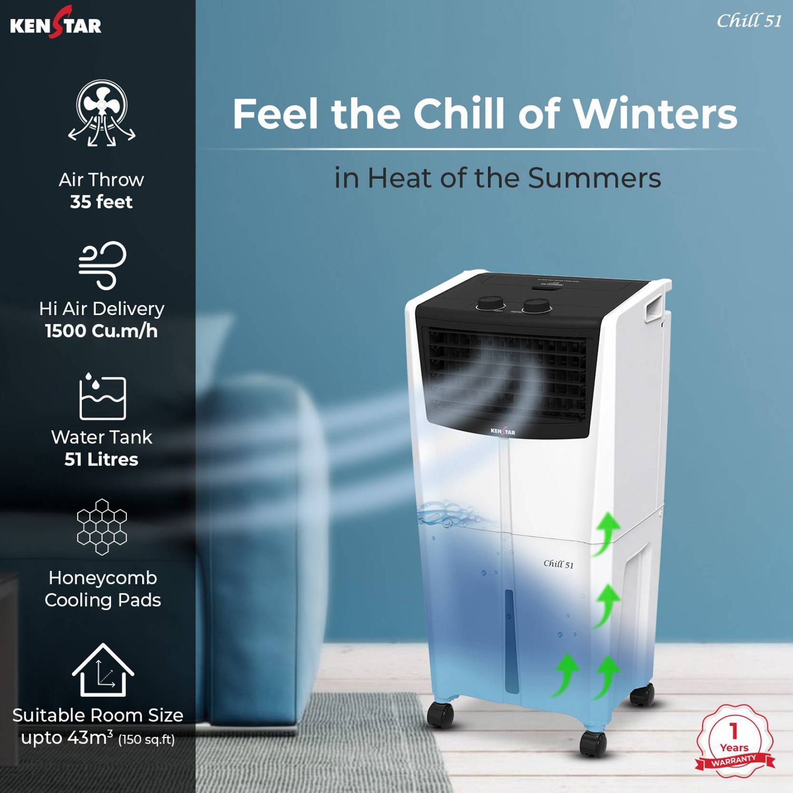 KENSTAR CHILL HC 51 Litres Personal Air Cooler with Quadraflow Technology (Inverter Compatible, Black & White) KENSTAR CHILL HC 51 Litres Personal Air Cooler with Quadraflow Technology (Inverter Compatible, Black & White)_9