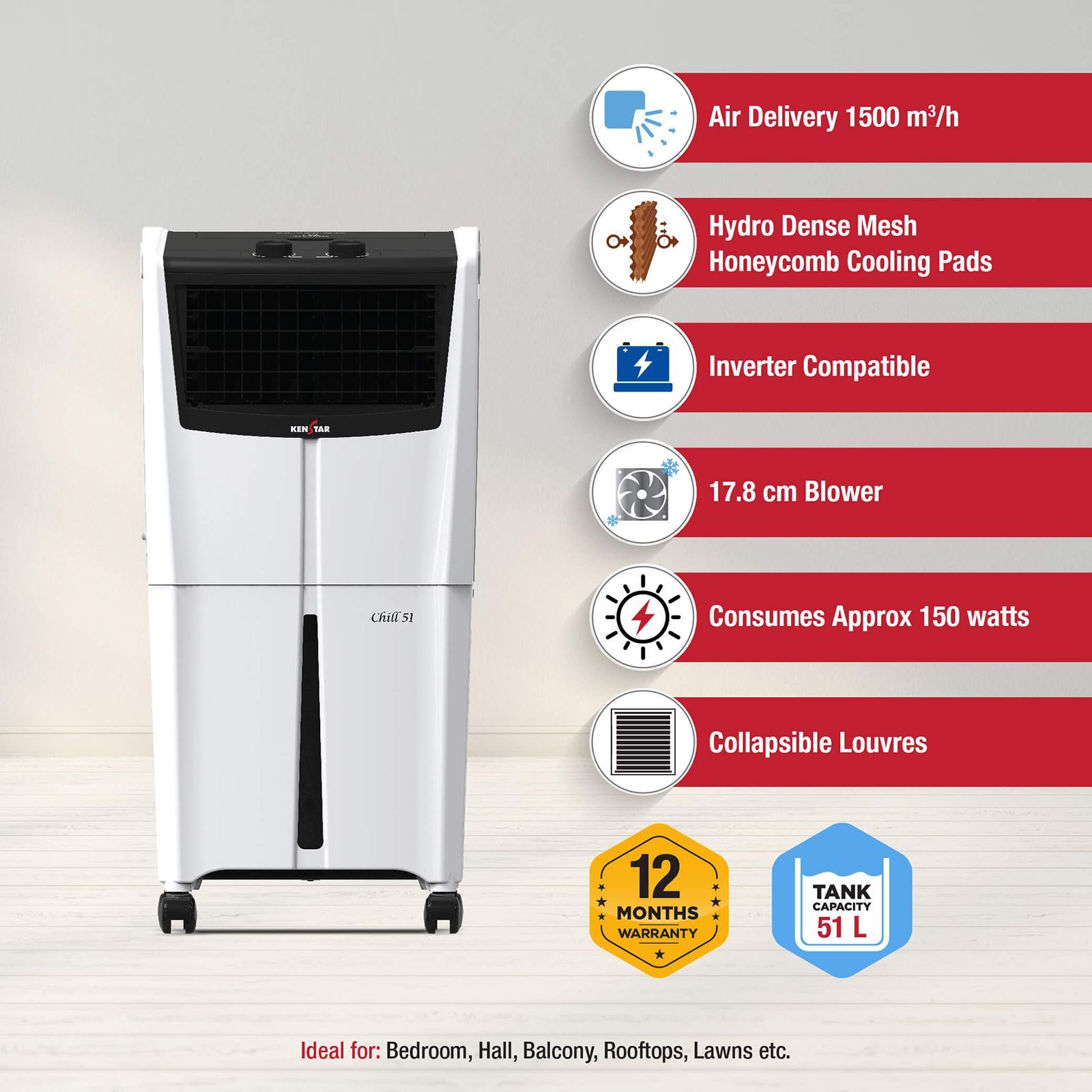 KENSTAR CHILL HC 51 Litres Personal Air Cooler with Quadraflow Technology (Inverter Compatible, Black & White) KENSTAR CHILL HC 51 Litres Personal Air Cooler with Quadraflow Technology (Inverter Compatible, Black & White)_16