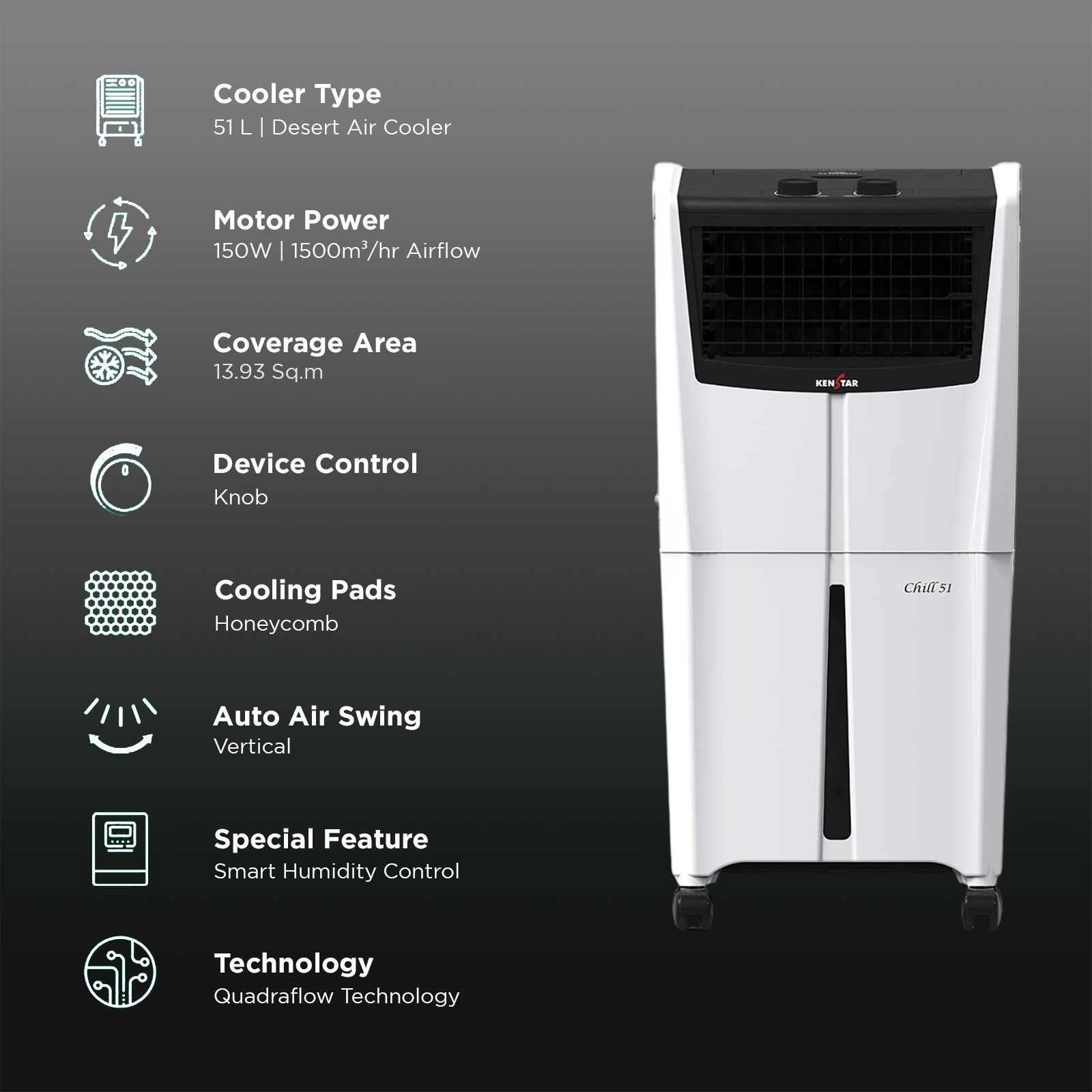 KENSTAR CHILL HC 51 Litres Personal Air Cooler with Quadraflow Technology (Inverter Compatible, Black & White)_3