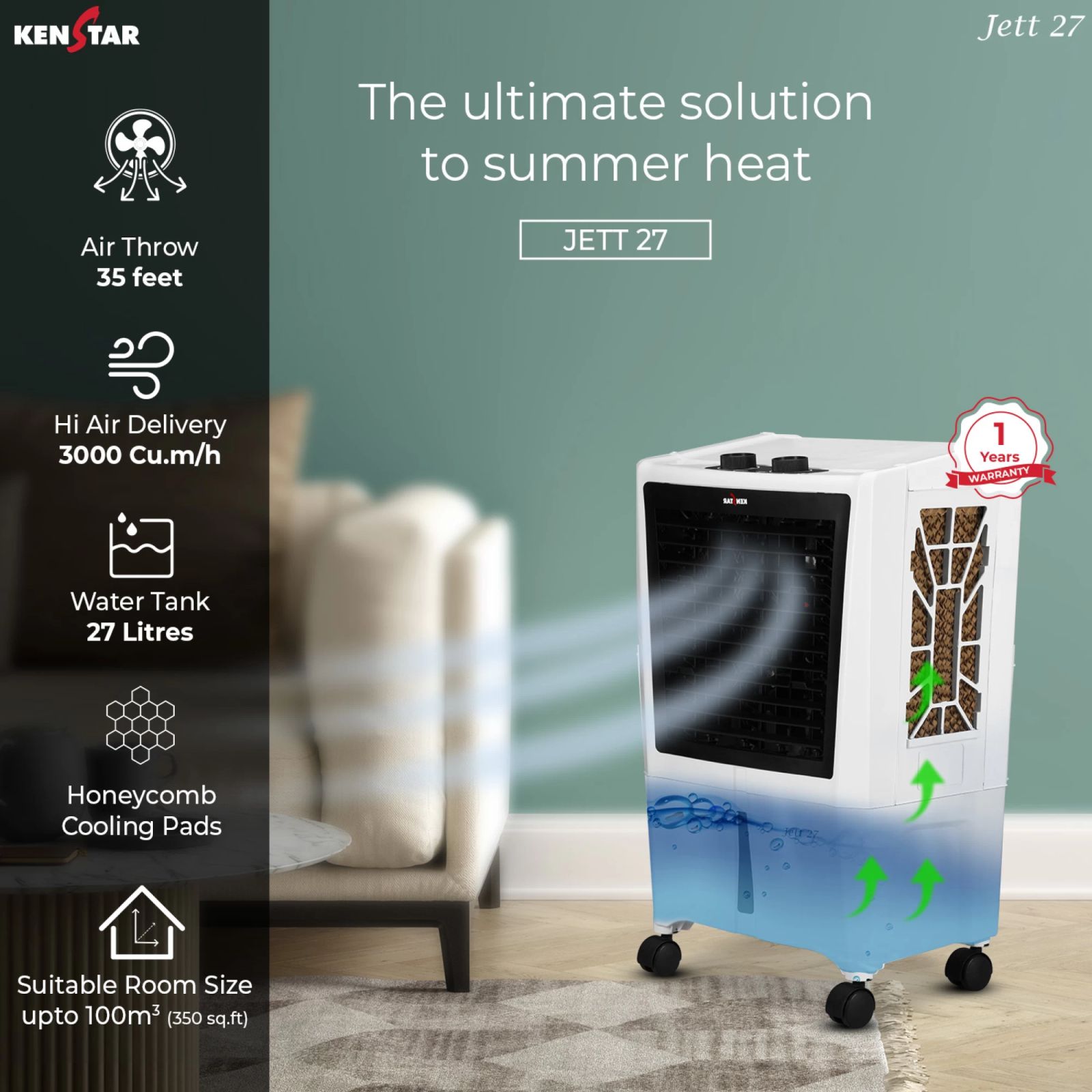 KENSTAR JETT HC 27 Litres Personal Air Cooler with Inverter Compatible (Ice Chamber, White & Black)_8