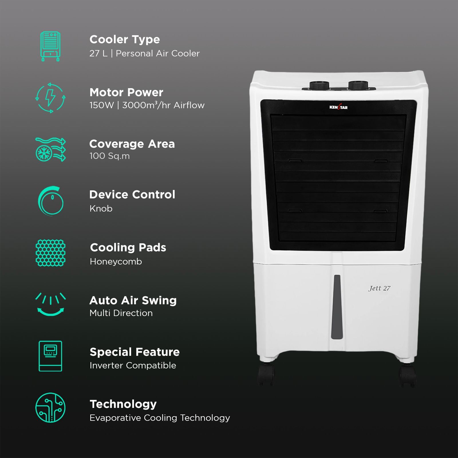 KENSTAR JETT HC 27 Litres Personal Air Cooler with Inverter Compatible (Ice Chamber, White & Black)_3