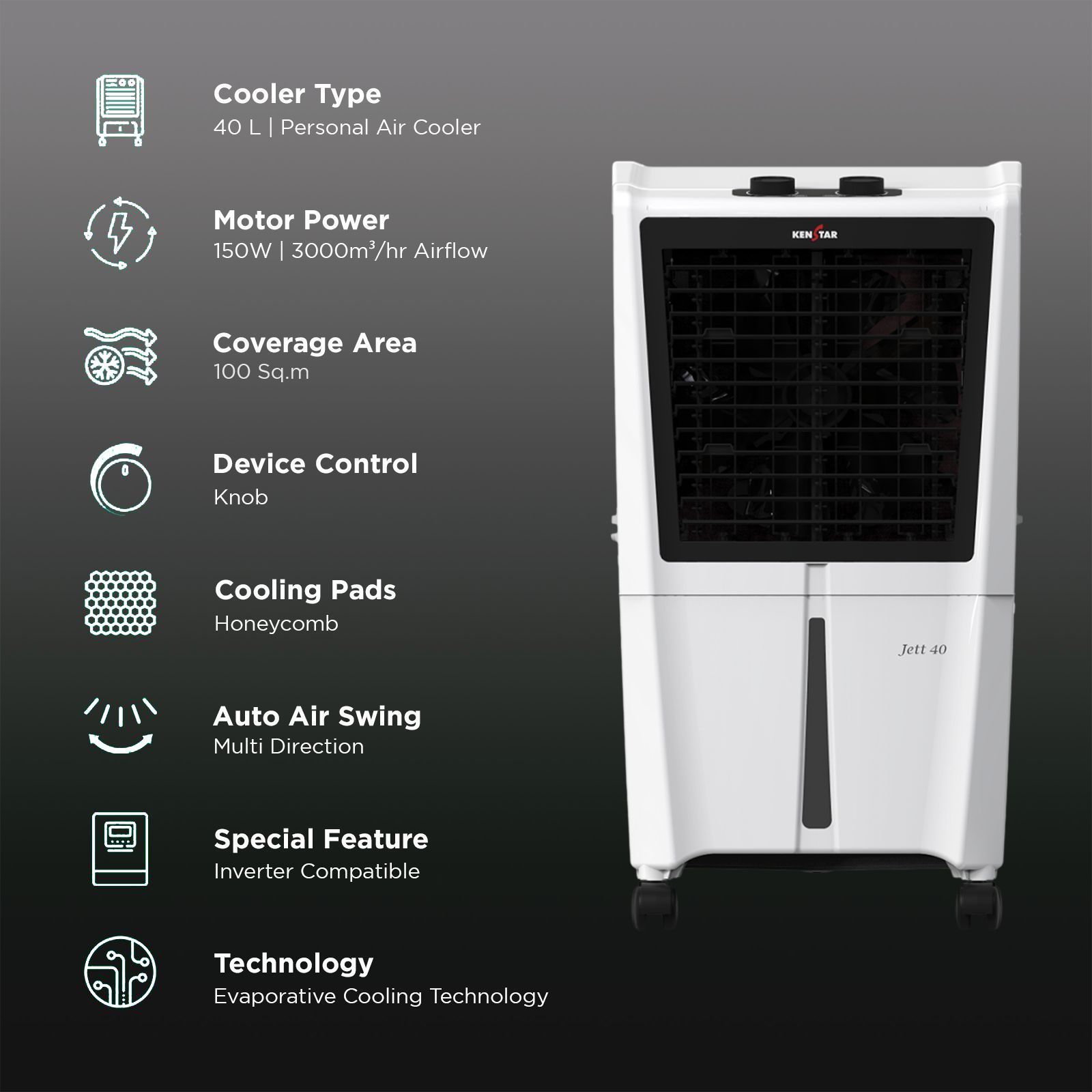 KENSTAR JETT HC 40 Litres Personal Air Cooler with Inverter Compatible (Motorised Louver Movement, White & Black)_3