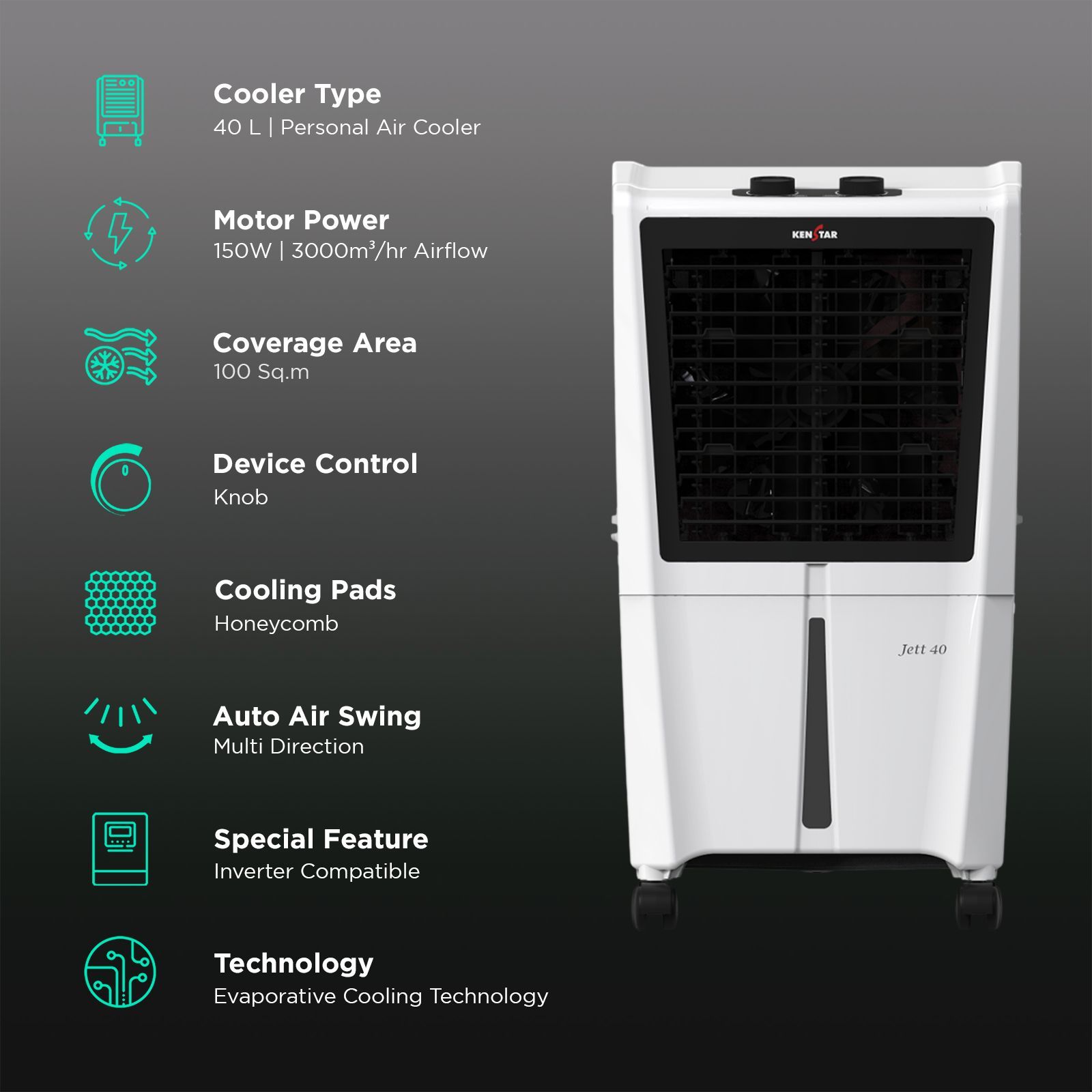 KENSTAR JETT HC 40 Litres Personal Air Cooler with Inverter Compatible (Motorised Louver Movement, White & Black) KENSTAR JETT HC 40 Litres Personal Air Cooler with Inverter Compatible (Motorised Louver Movement, White & Black)_3
