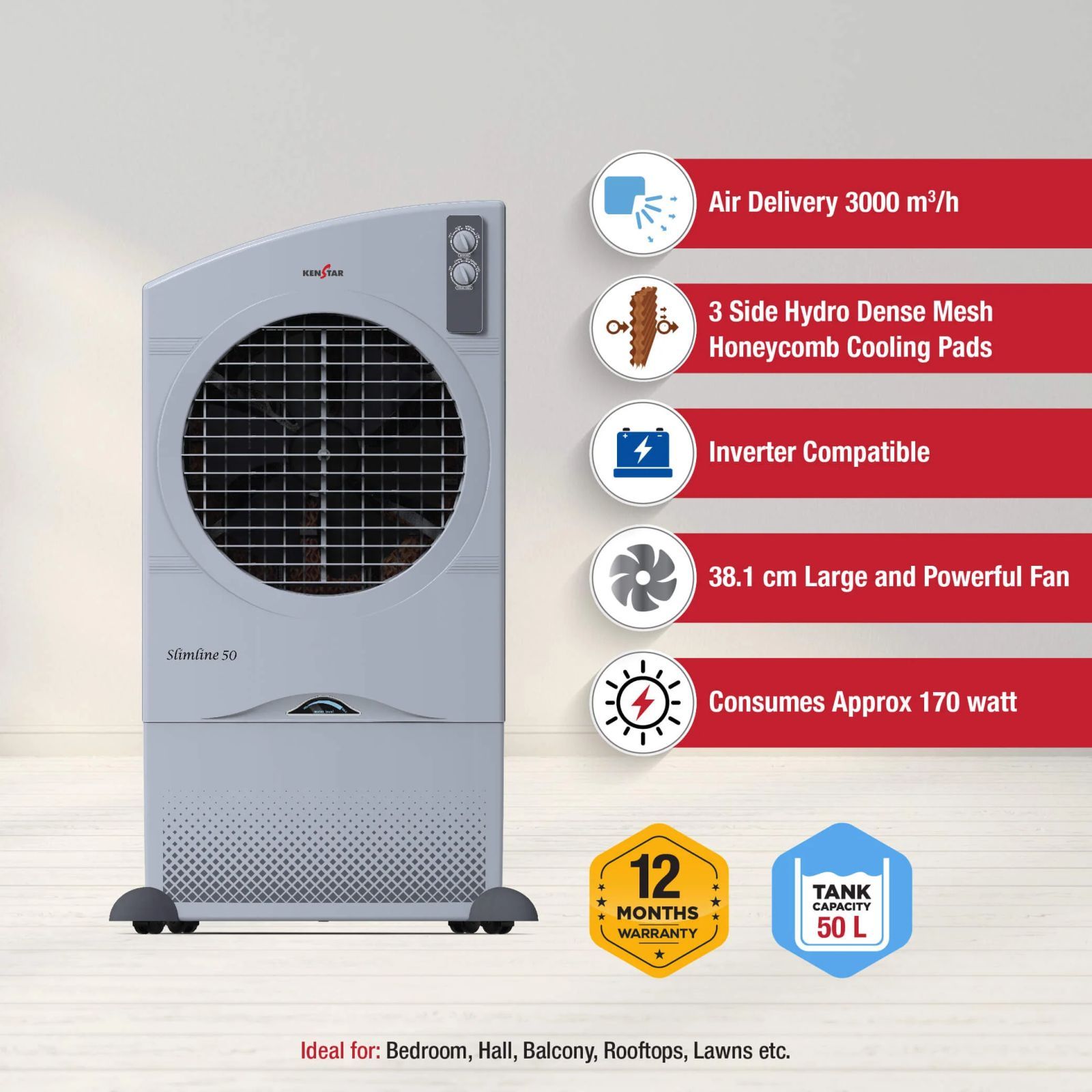KENSTAR Slimline HC 50 50 Litres Desert Air Cooler with Quadraflow Technology (Honeycomb Cooling Pads, Light Grey)_4