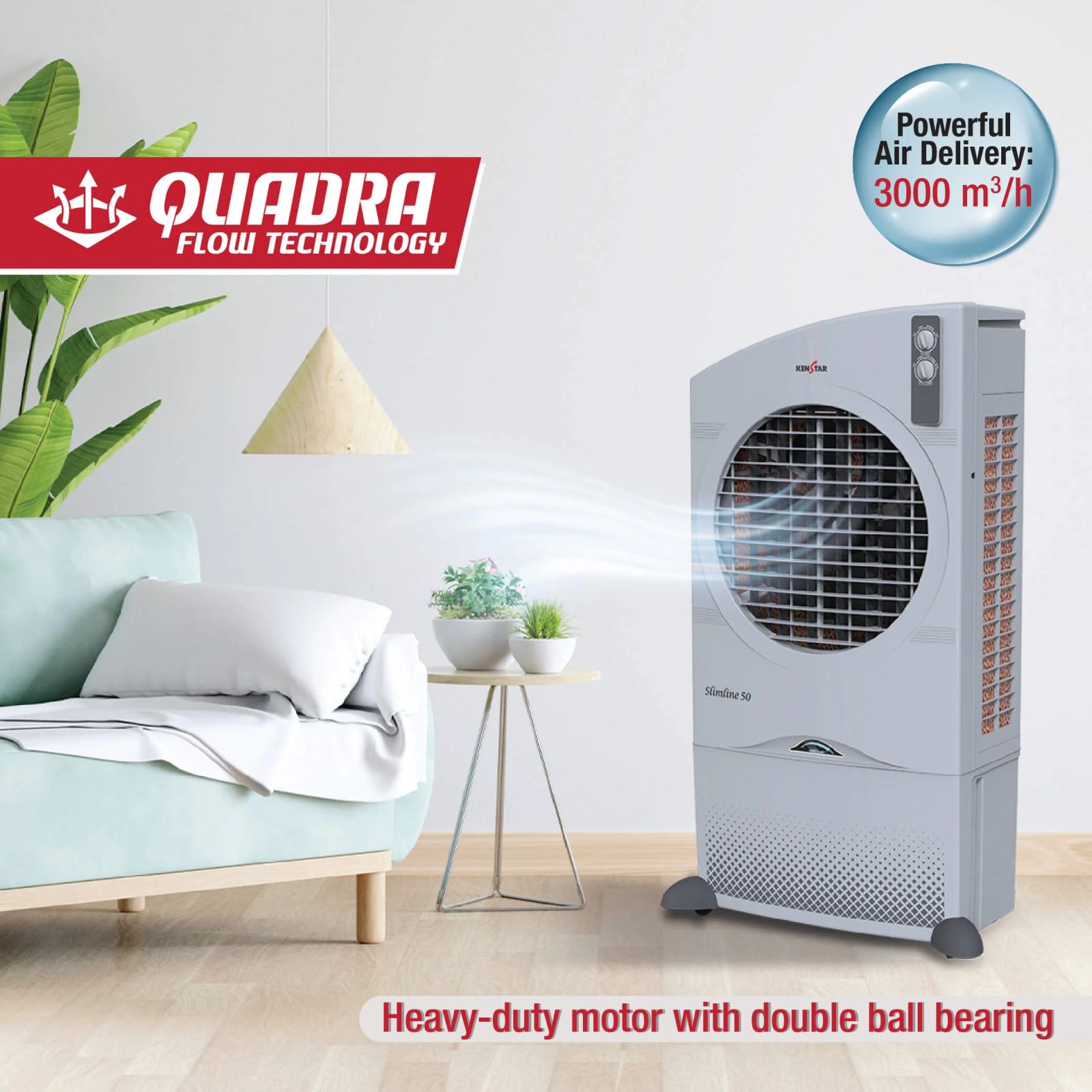 KENSTAR Slimline HC 50 50 Litres Desert Air Cooler with Quadraflow Technology (Honeycomb Cooling Pads, Light Grey)_5