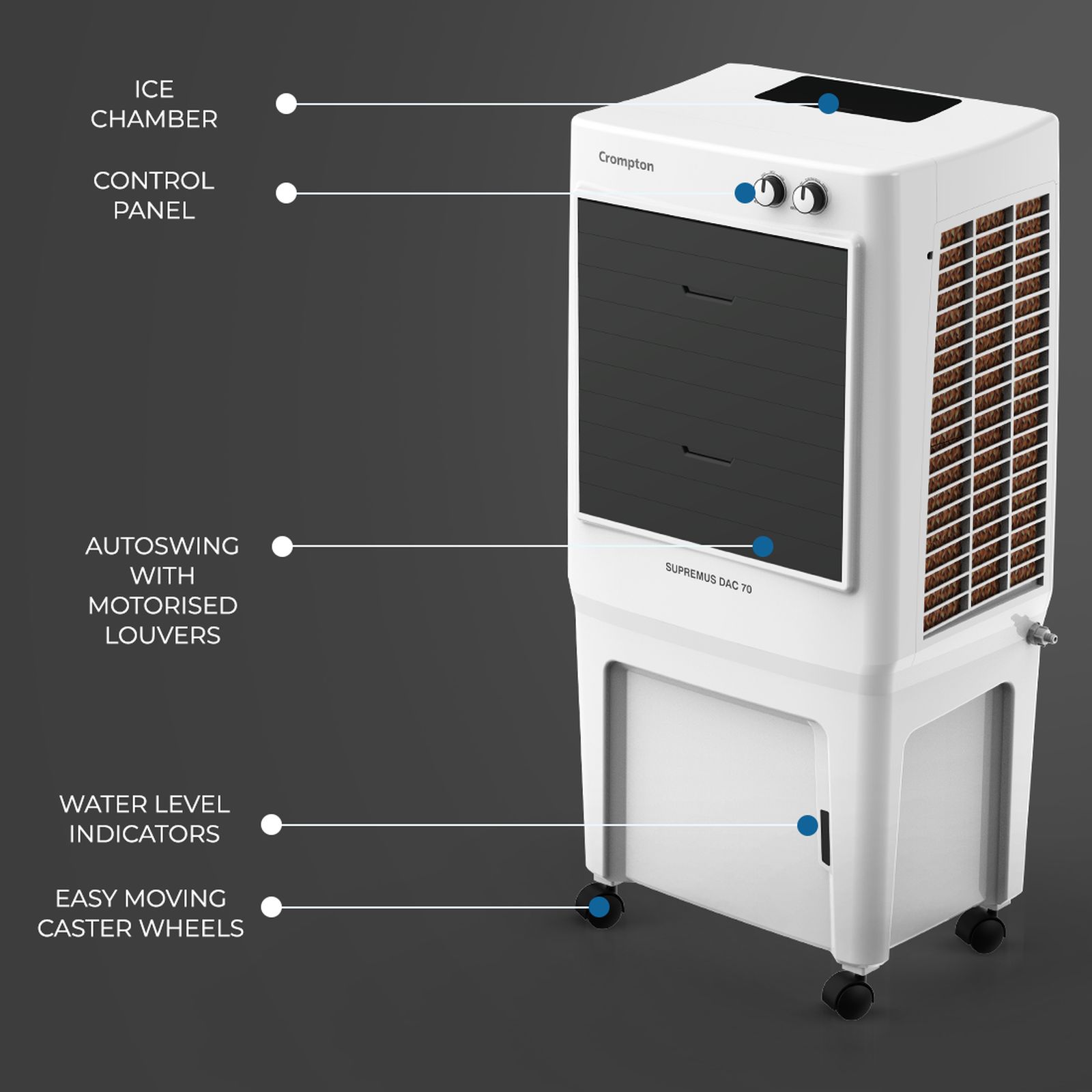 Crompton Supremus 70 Litres Desert Air Cooler with Double Ball Bearing (4 Way Air Deflection, White & Black)_6