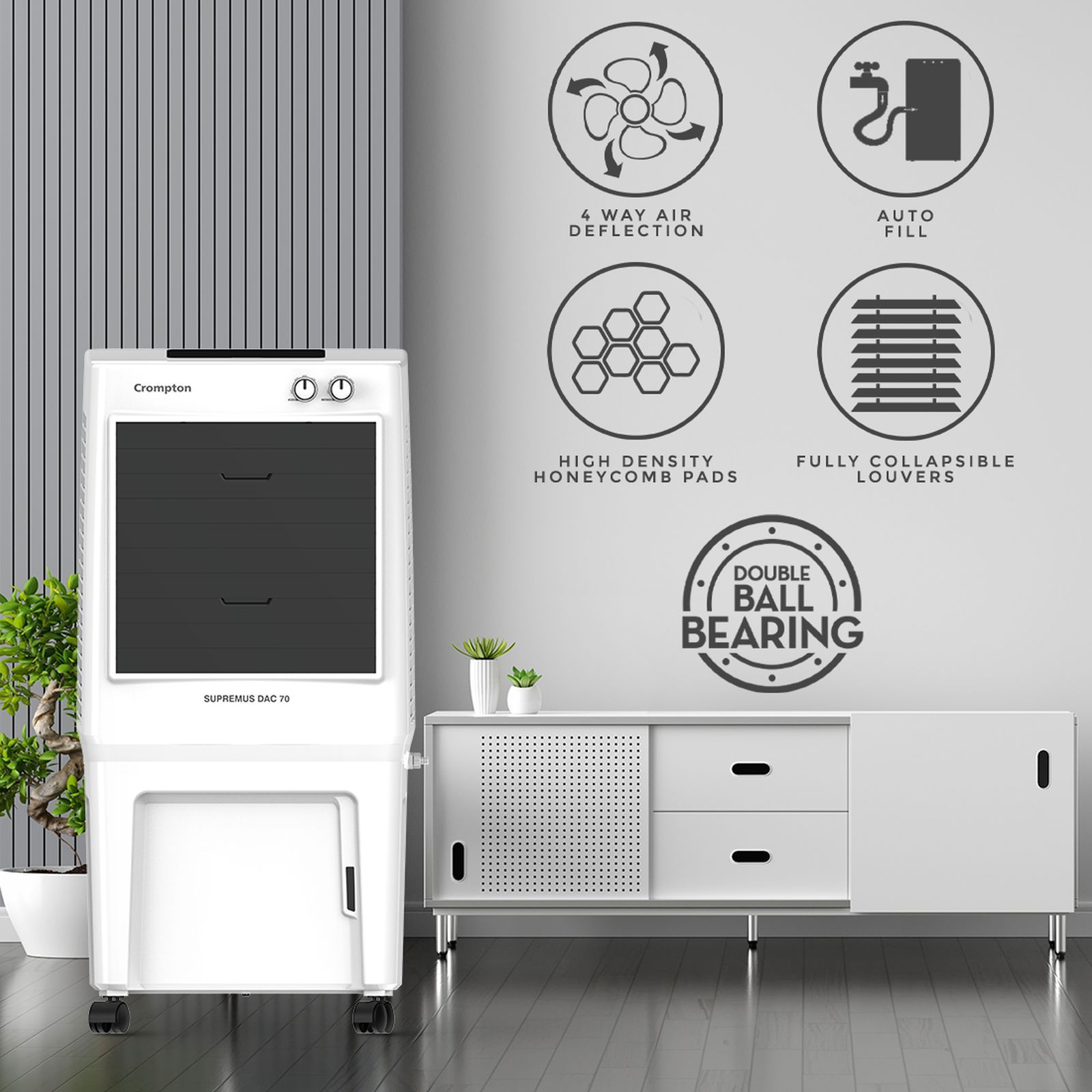 Crompton Supremus 70 Litres Desert Air Cooler with Double Ball Bearing (4 Way Air Deflection, White & Black)_9