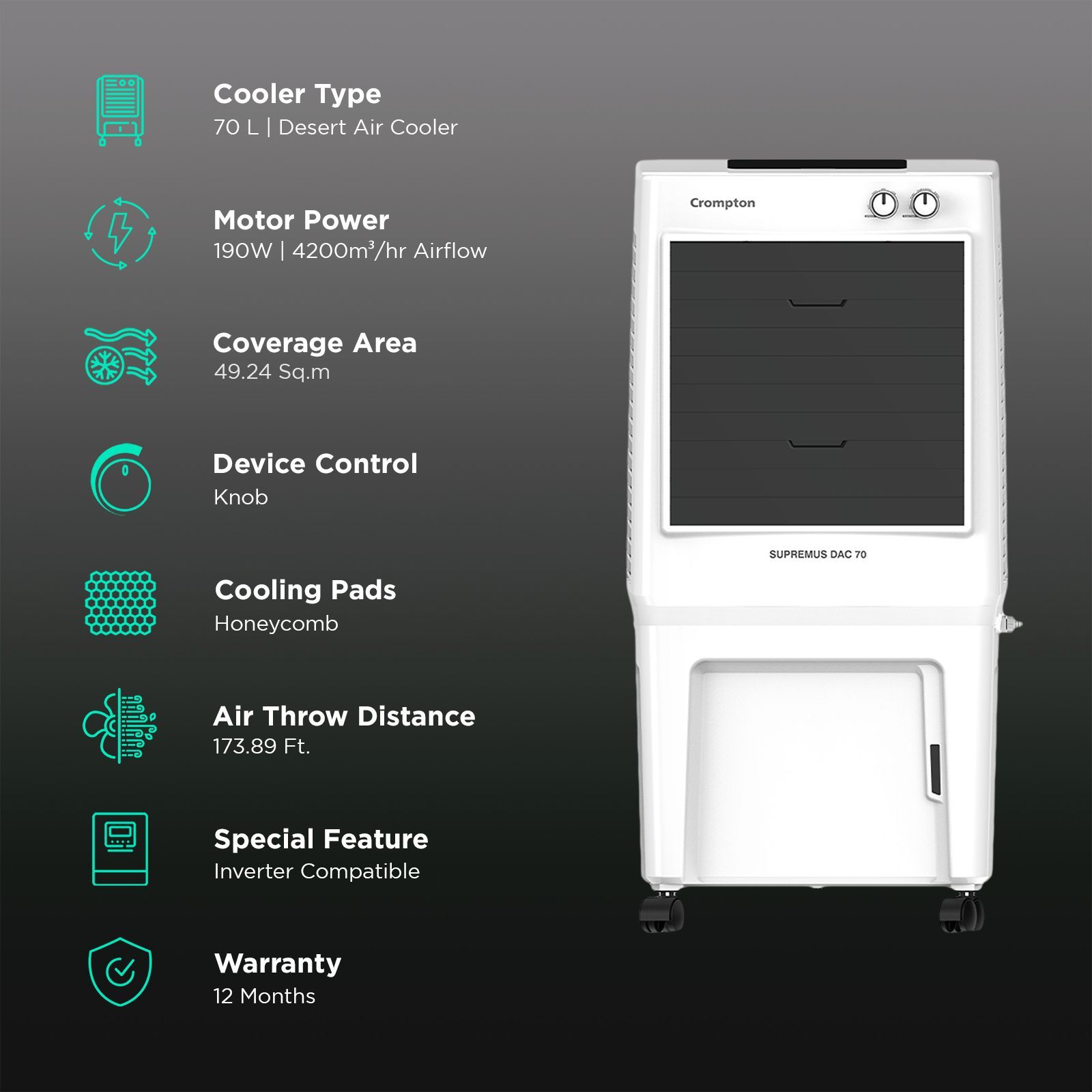 Crompton Supremus 70 Litres Desert Air Cooler with Double Ball Bearing (4 Way Air Deflection, White & Black)_3