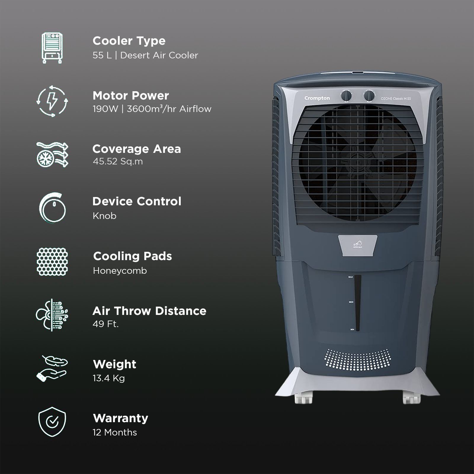 Crompton Ozone Classic H 55 Litres Desert Air Cooler with Overload Protection (Ice Chamber, Grey & White)_3