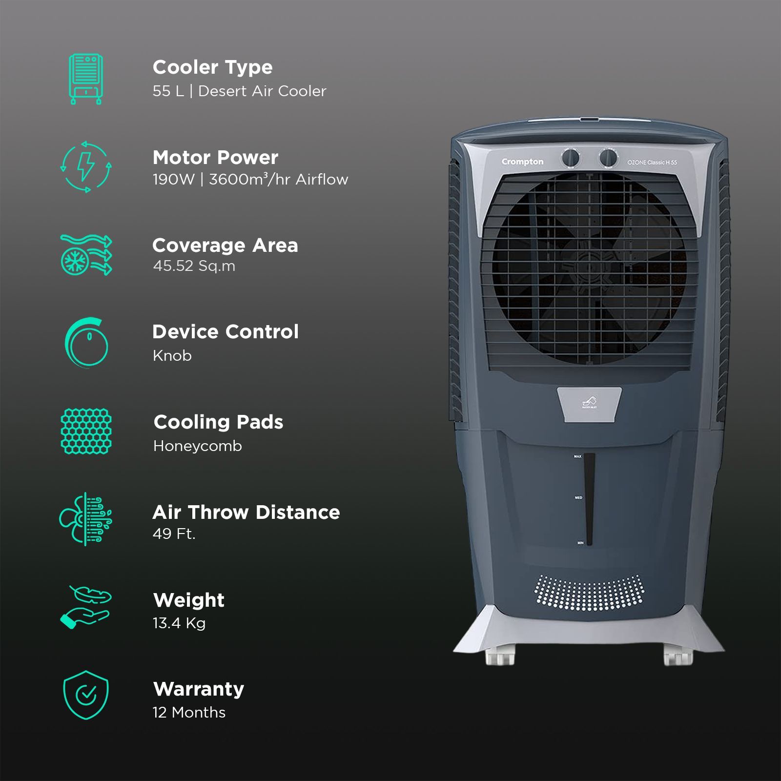 Crompton Ozone Classic H 55 Litres Desert Air Cooler with Overload Protection (Ice Chamber, Grey & White)_3