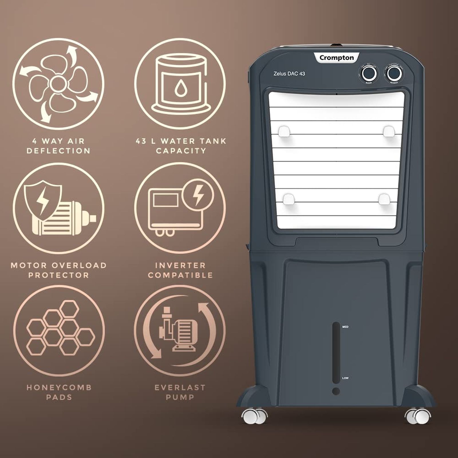 Crompton Zelus DAC 43 Litres Mini Desert Air Cooler with Everlast Pump (4-Way Air Deflection, Grey)_9