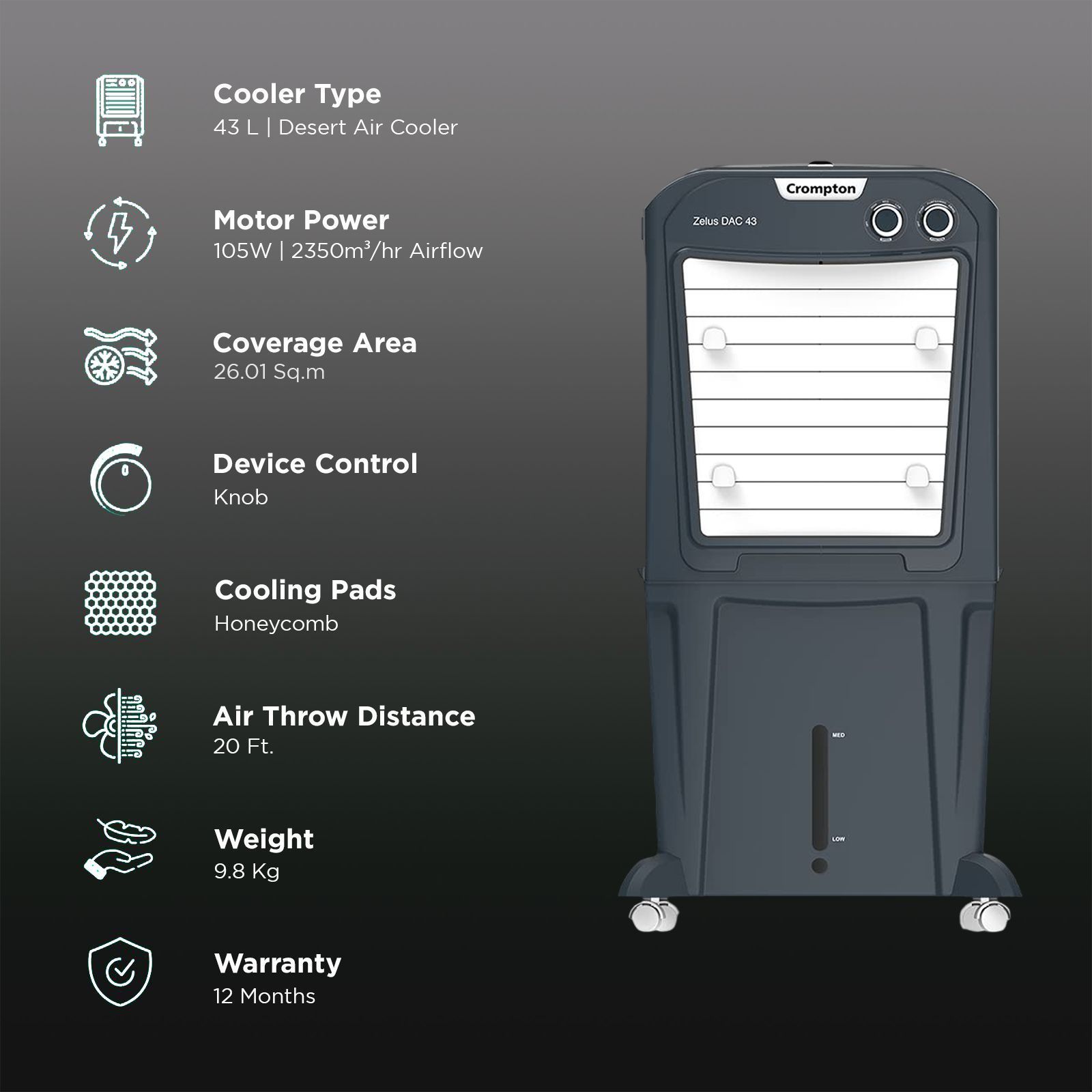 Crompton Zelus DAC 43 Litres Mini Desert Air Cooler with Everlast Pump (4-Way Air Deflection, Grey)_3
