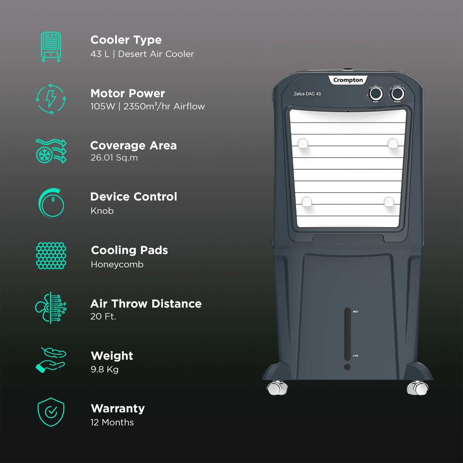 Crompton Zelus DAC 43 Litres Mini Desert Air Cooler with Everlast Pump (4-Way Air Deflection, Grey)_3
