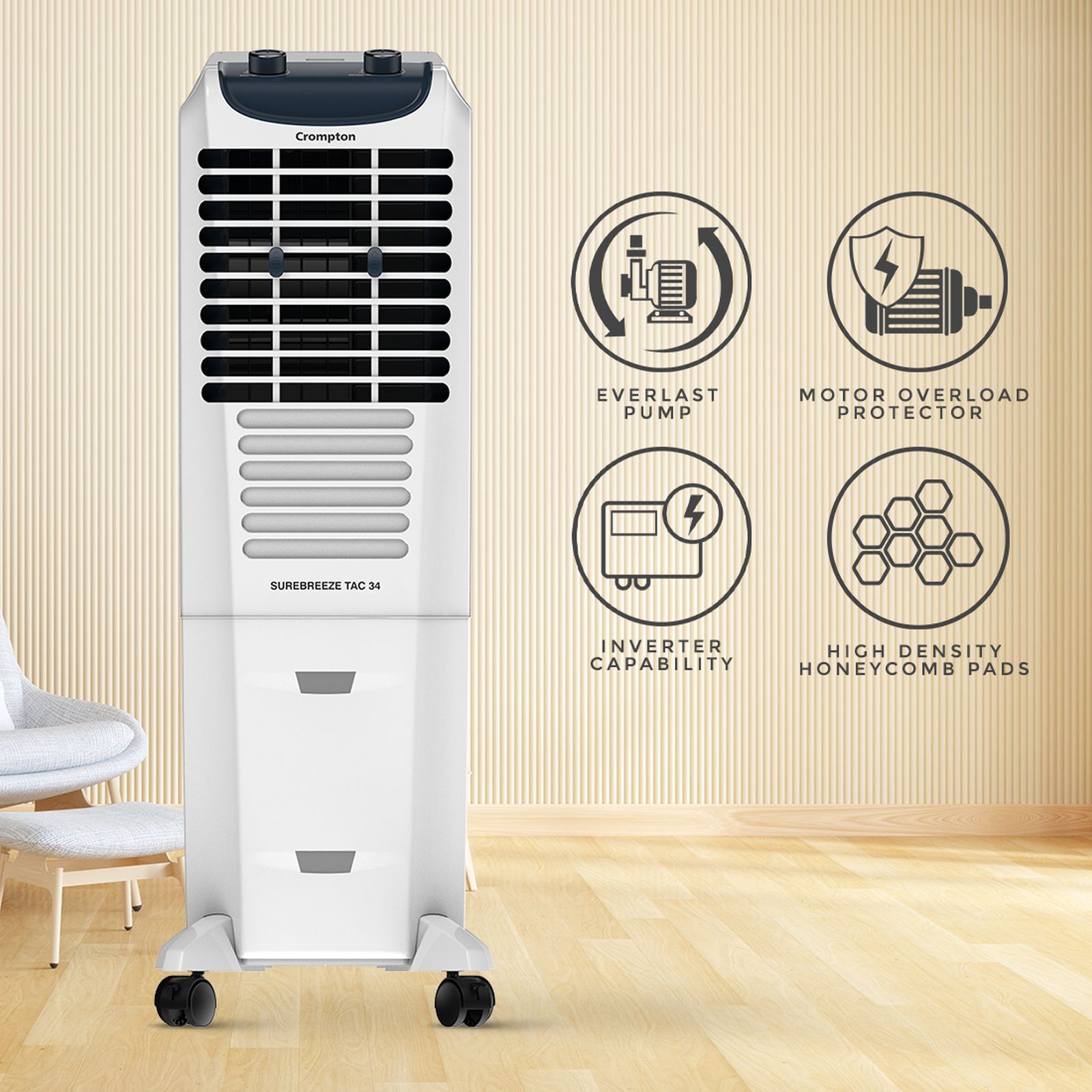 Crompton Surebreeze 34 Litres Tower Air Cooler with Overload Protection (4 Way Air Deflection, White & Black)_9